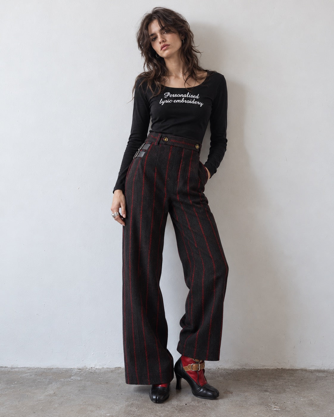 Personalised Lyric Centre Chest Embroidered premium organic iconic women's long sleeve 'Singer' t-shirt - choose your own lyrics, font and thread colour