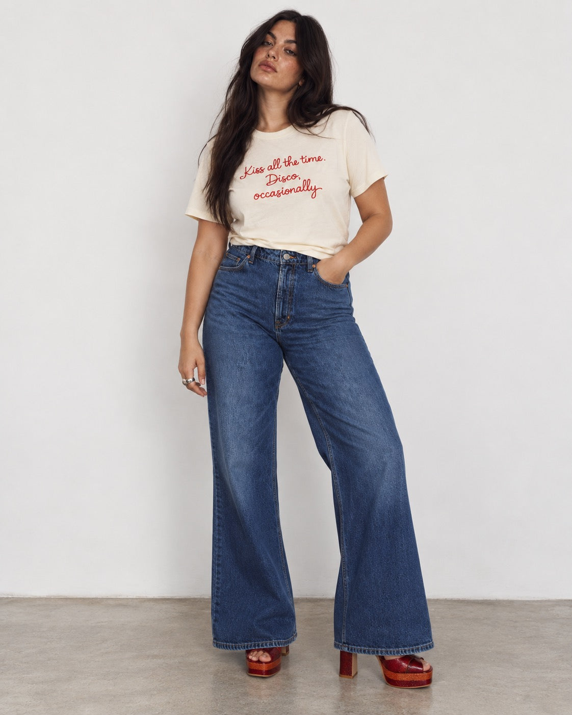 'KISS ALL THE TIME, DISCO OCCASIONALLY' embroidered premium organic women's classic fit 'Muser' t-shirt
