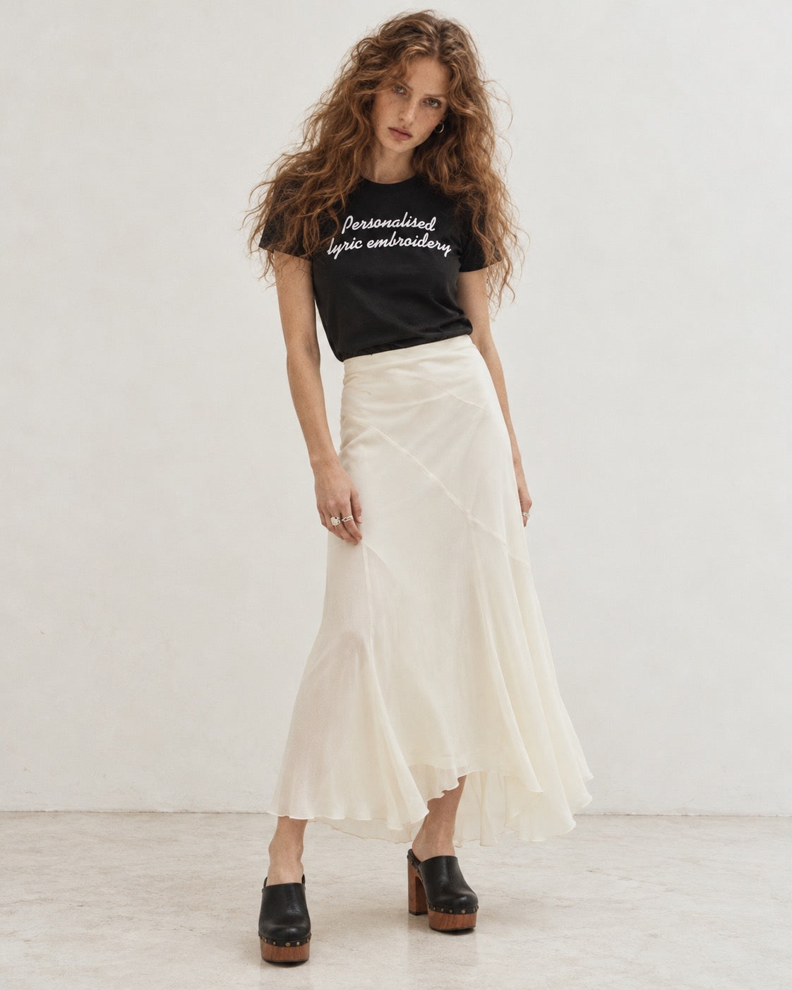 Personalised Lyric Centre Chest Embroidered premium organic iconic women's 'Muser' t-shirt - choose your own lyrics, font and thread colour