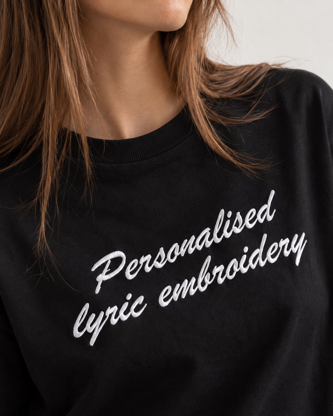 Personalised Lyric Centre Chest Embroidered premium organic women's boxy 'Nova' t-shirt - choose your own lyrics, font and thread colour