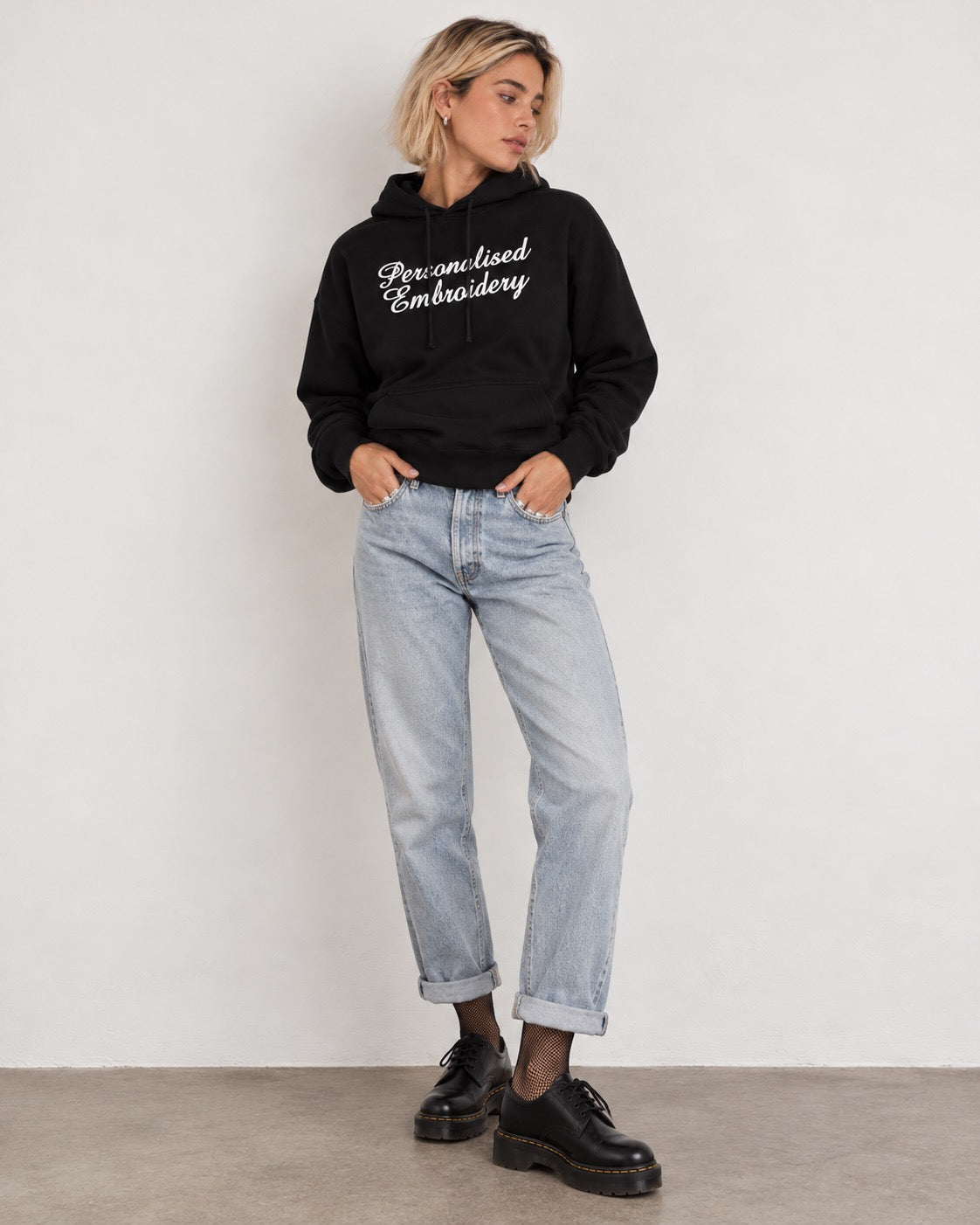 Personalised Lyric Centre Chest Embroidered premium organic women's drop shoulder 'Nora' hoodie - choose your own lyrics, font and thread colour