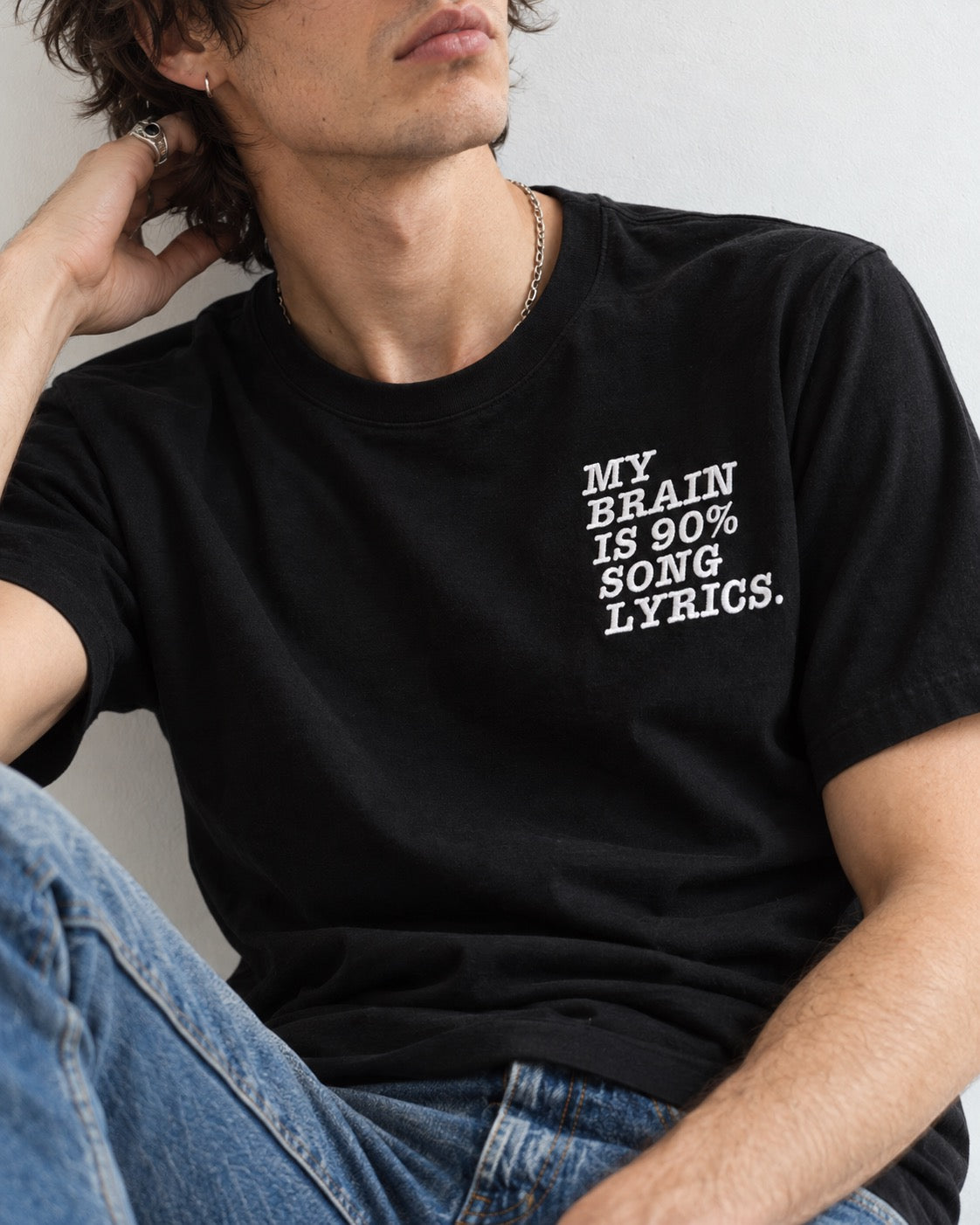 'MY BRAIN IS 90% SONG LYRICS' men's left chest embroidered premium organic classic crew neck 'Rocker' t-shirt