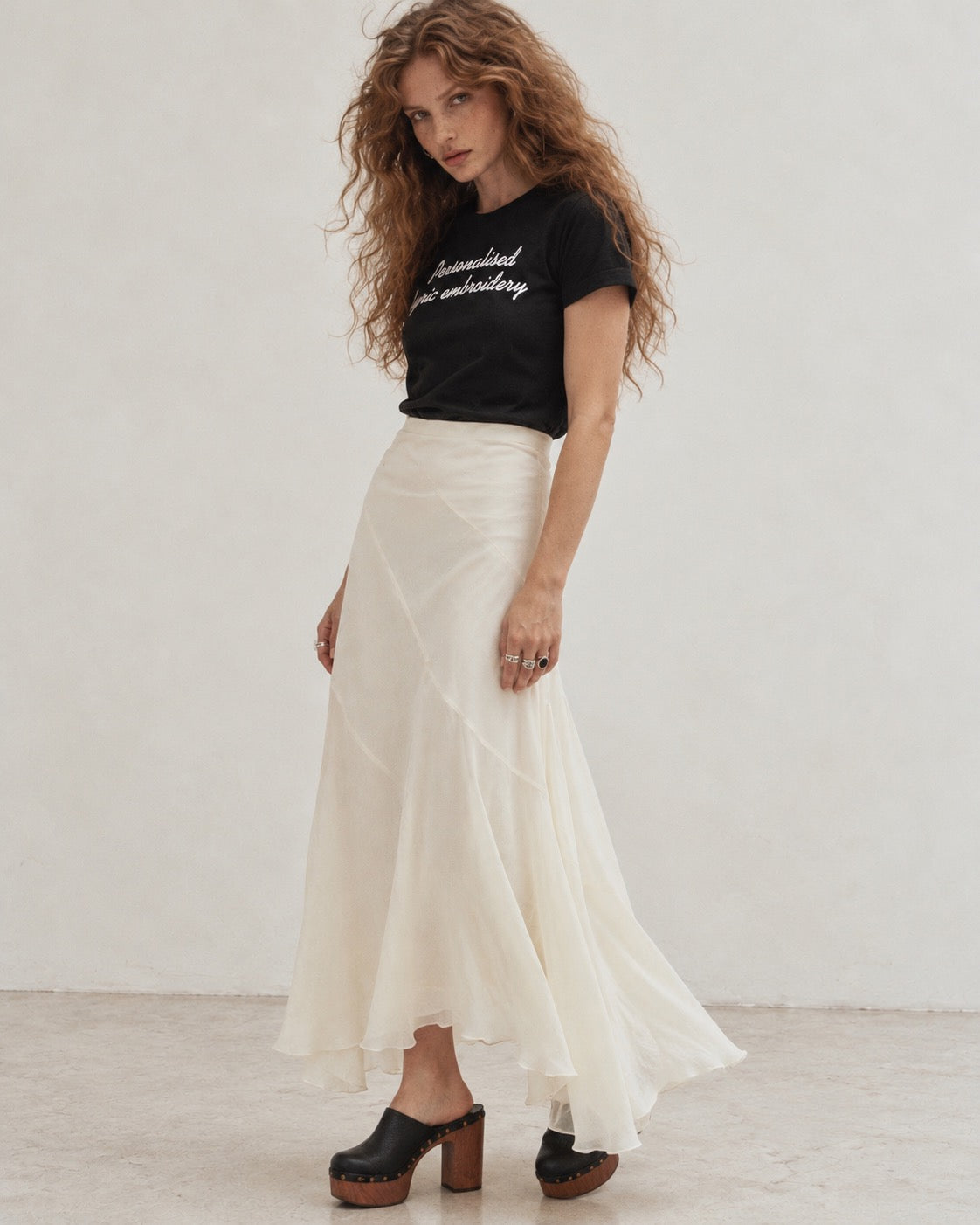 Personalised Lyric Centre Chest Embroidered premium organic iconic women's 'Muser' t-shirt - choose your own lyrics, font and thread colour