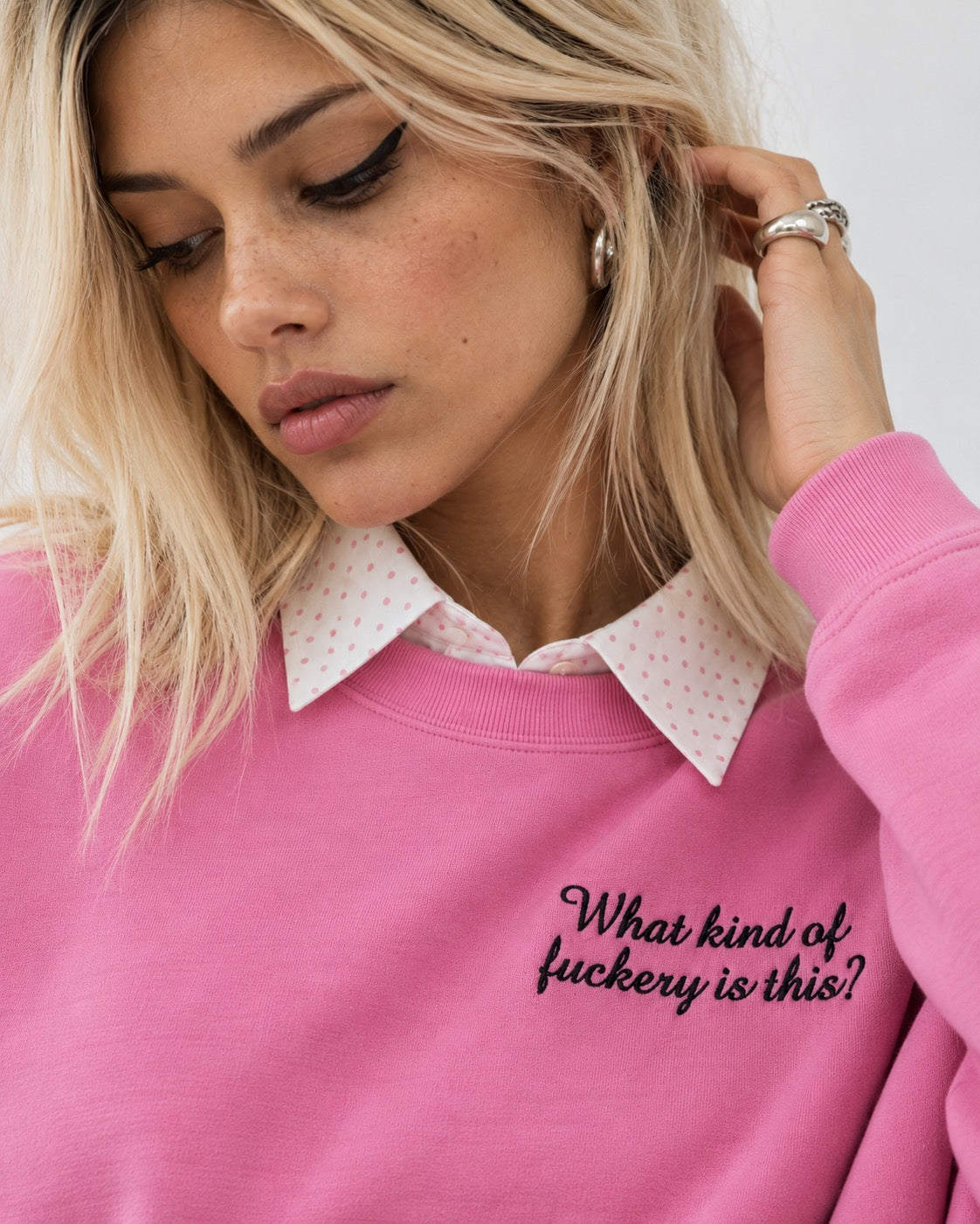 Women's 'WHAT KIND OF F CKERY IS THIS?' left chest embroidered premium organic women's drop shoulder 'Alma' sweatshirt