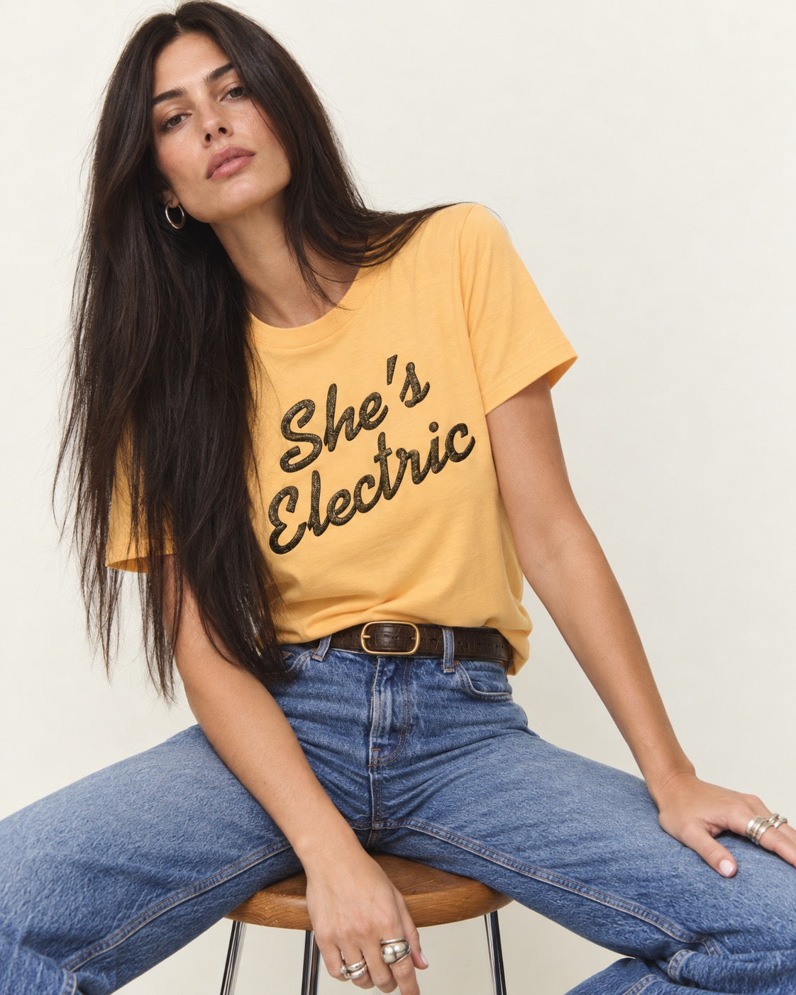 'SHE'S ELECTRIC' retro slogan embroidered premium organic women's classic fit 'Muser' t-shirt - sizes XS-5XL