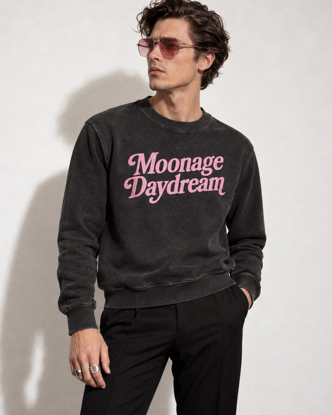 Men's 'MOONAGE DAYDREAM' embroidered organic 'Matcher' vintage aged sweatshirt