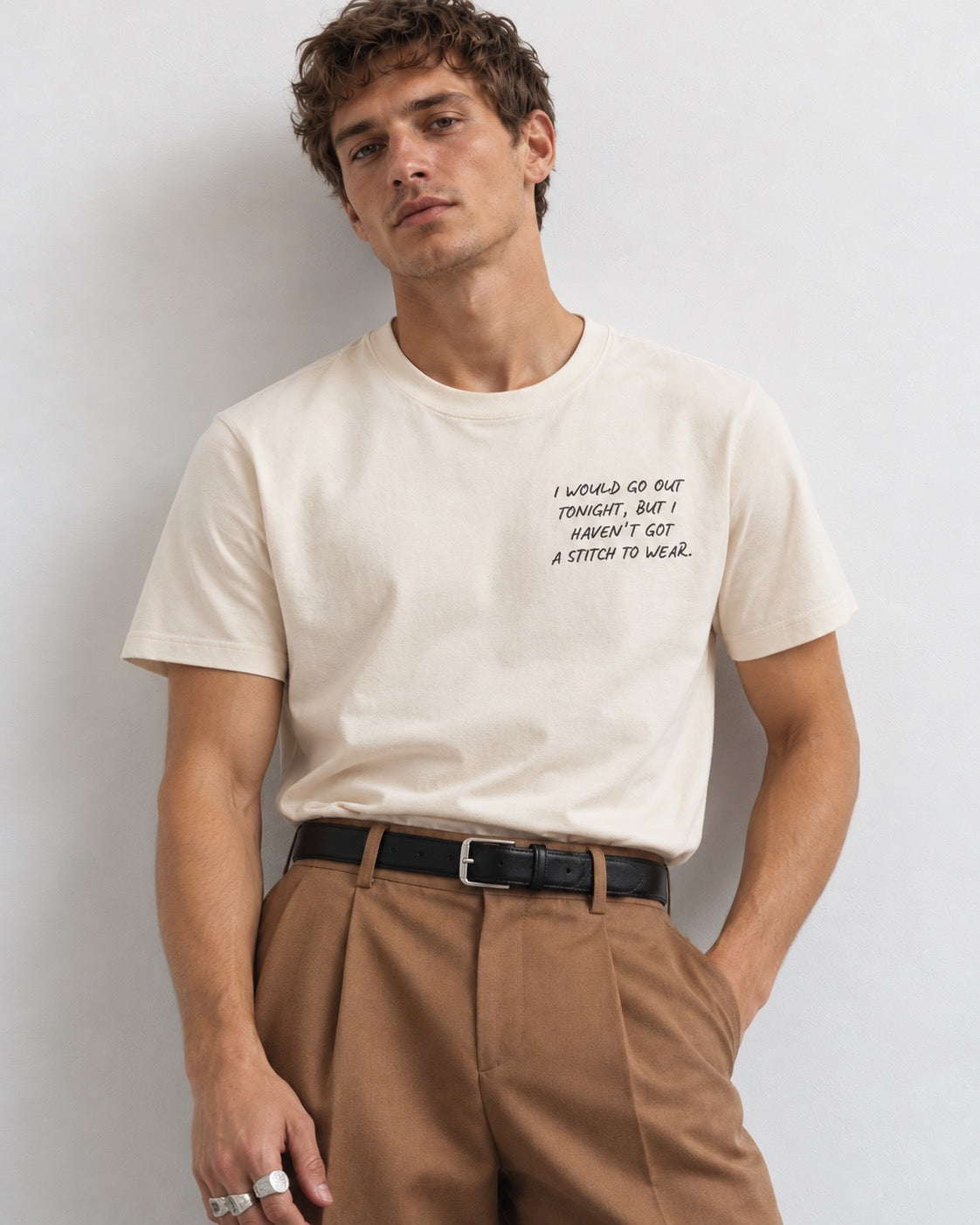 Men's 'I WOULD GO OUT TONIGH, BUT I HAVEN'T GOT A STITCH TO WEAR' left chest embroidered premium organic classic fit 'Creator' t-shirt