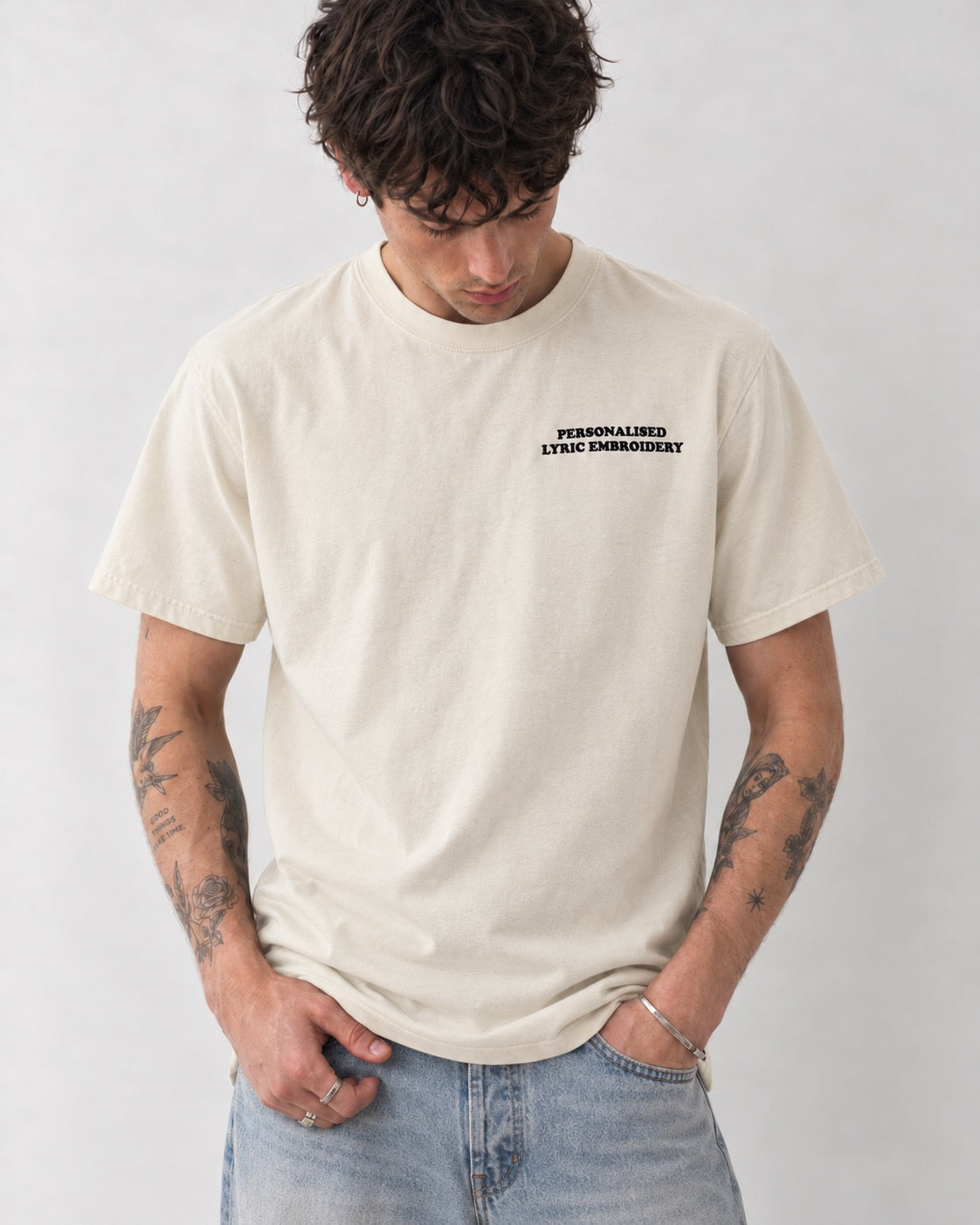 Men's Personalised Lyric Left Chest Embroidered premium organic iconic relaxed heavy 'Freestyler' t-shirt
