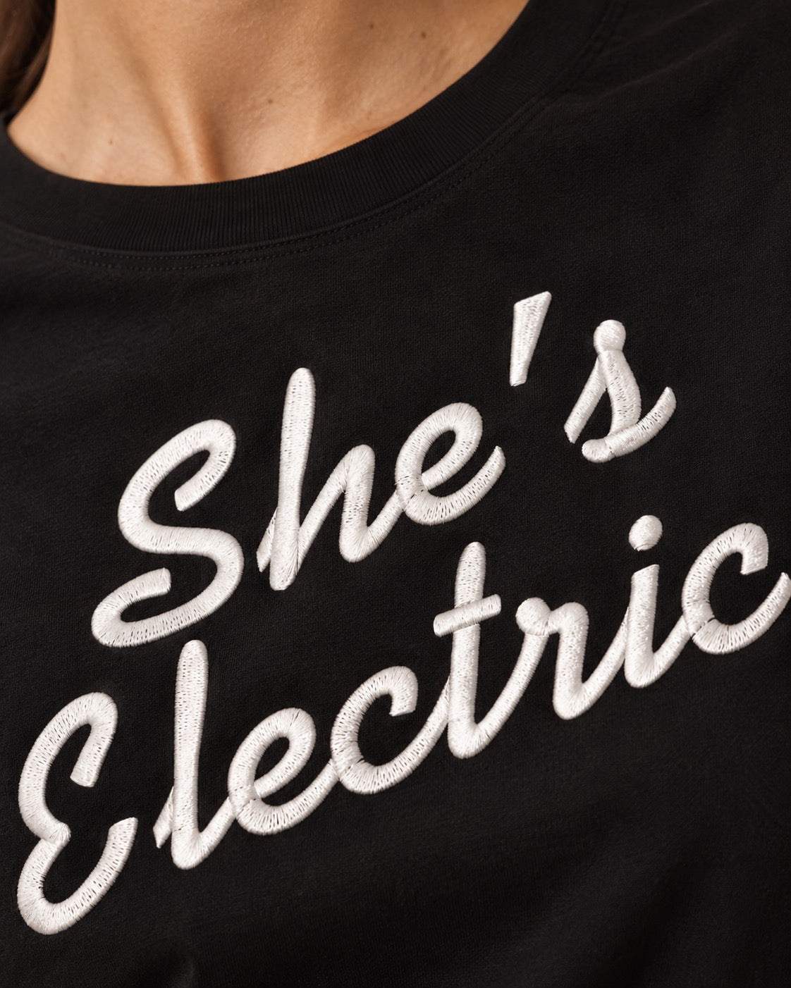 'SHE'S ELECTRIC' retro slogan embroidered premium organic women's classic fit 'Muser' t-shirt - sizes XS-5XL