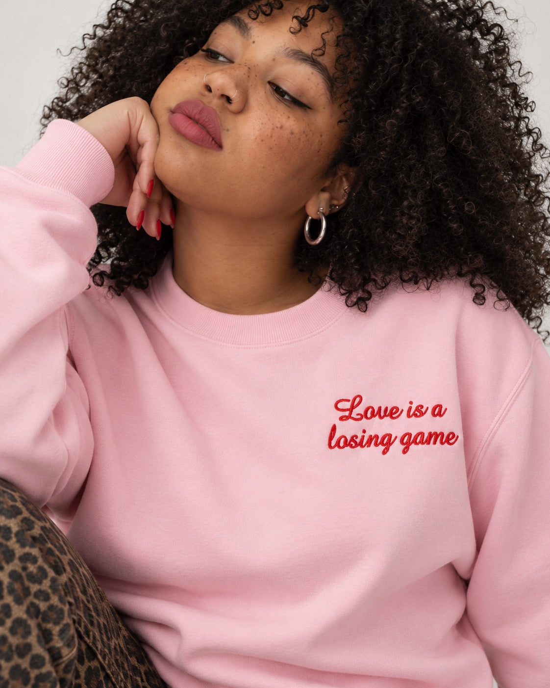 Women's 'LOVE IS A LOSING GAME' left chest embroidered premium organic cotton 'Changer' sweatshirt - EXTENDED SIZING
