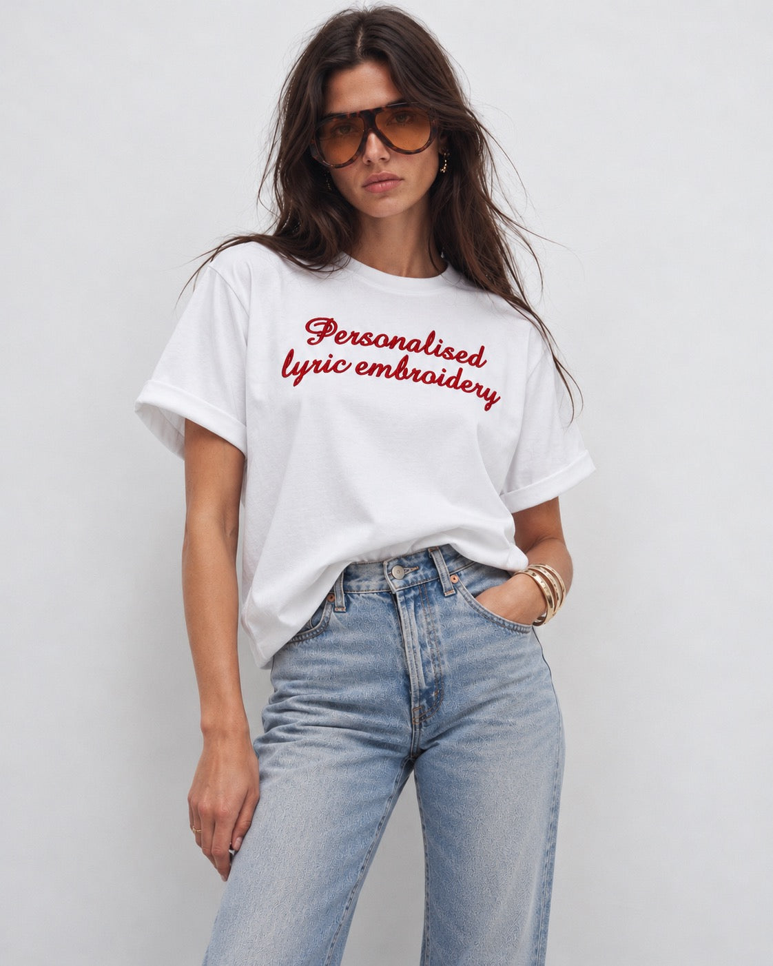 Personalised Lyric Centre Chest Embroidered premium organic iconic women's 90s style dolman sleeve 'Collider' t-shirt - choose your own lyrics, font and thread colour