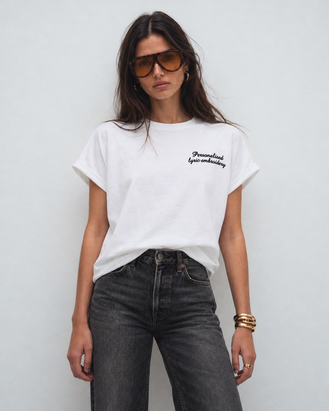 Personalised Lyric Left Chest Embroidered premium organic iconic women's 90s style dolman sleeve 'Collider' t-shirt - choose your own lyrics, font and thread colour