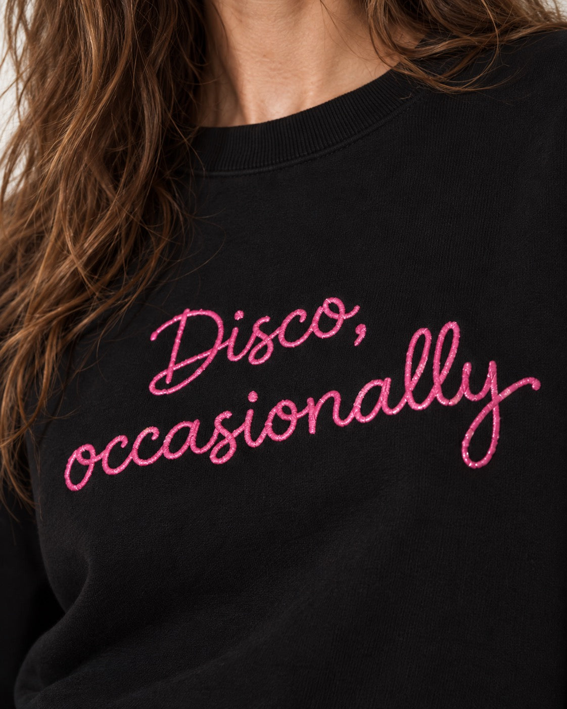 'DISCO, OCCASIONALLY' embroidered organic cotton women's 'Lianna' sweatshirt