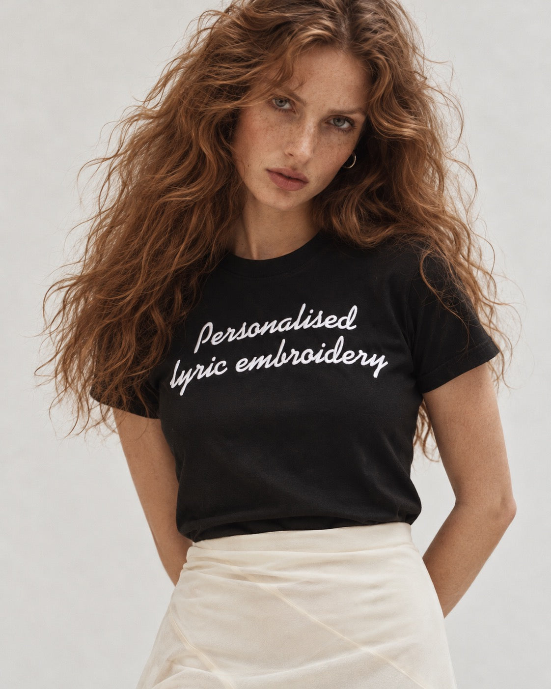 Personalised Lyric Centre Chest Embroidered premium organic iconic women's 'Muser' t-shirt - choose your own lyrics, font and thread colour