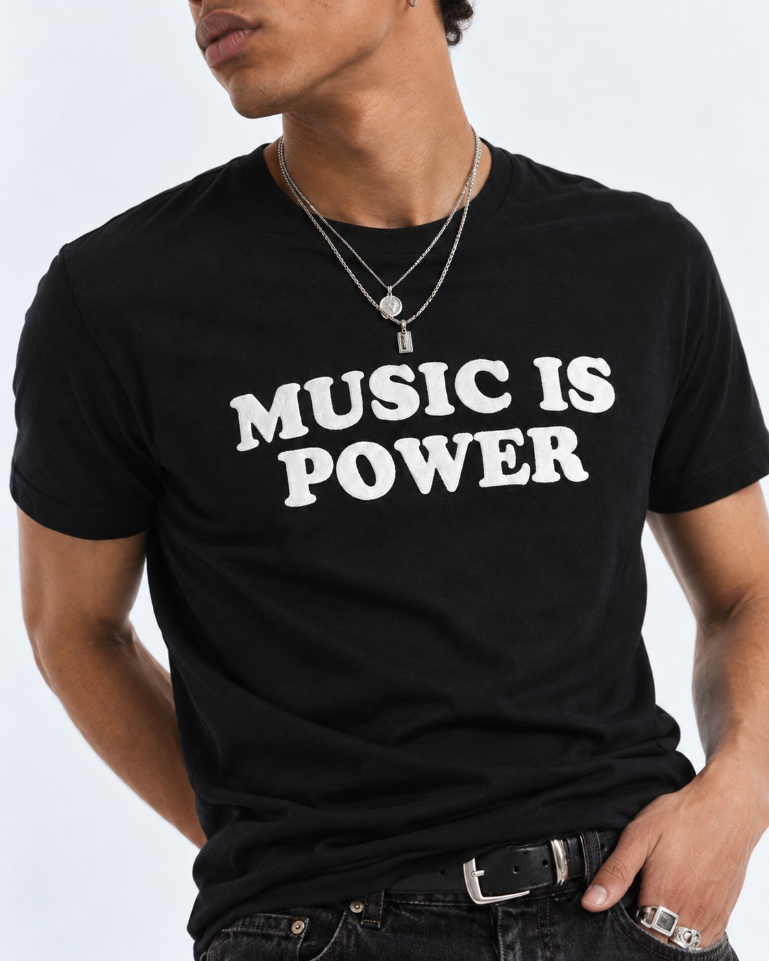 Men's 'MUSIC IS POWER' embroidered premium organic iconic classic crew neck 'Rocker' t-shirt