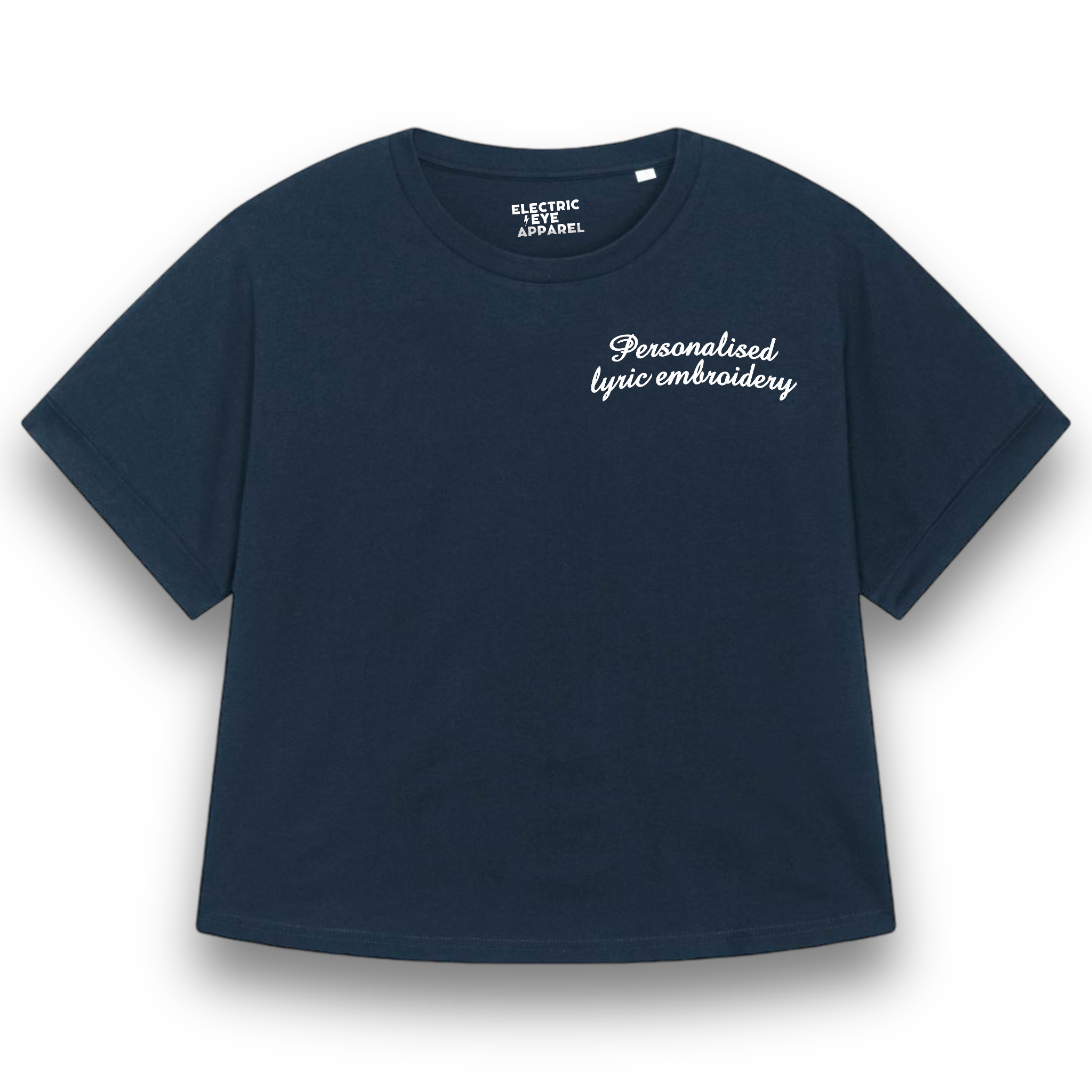 Personalised Lyric Left Chest Embroidered premium organic iconic women's 90s style dolman sleeve 'Collider' t-shirt - choose your own lyrics, font and thread colour