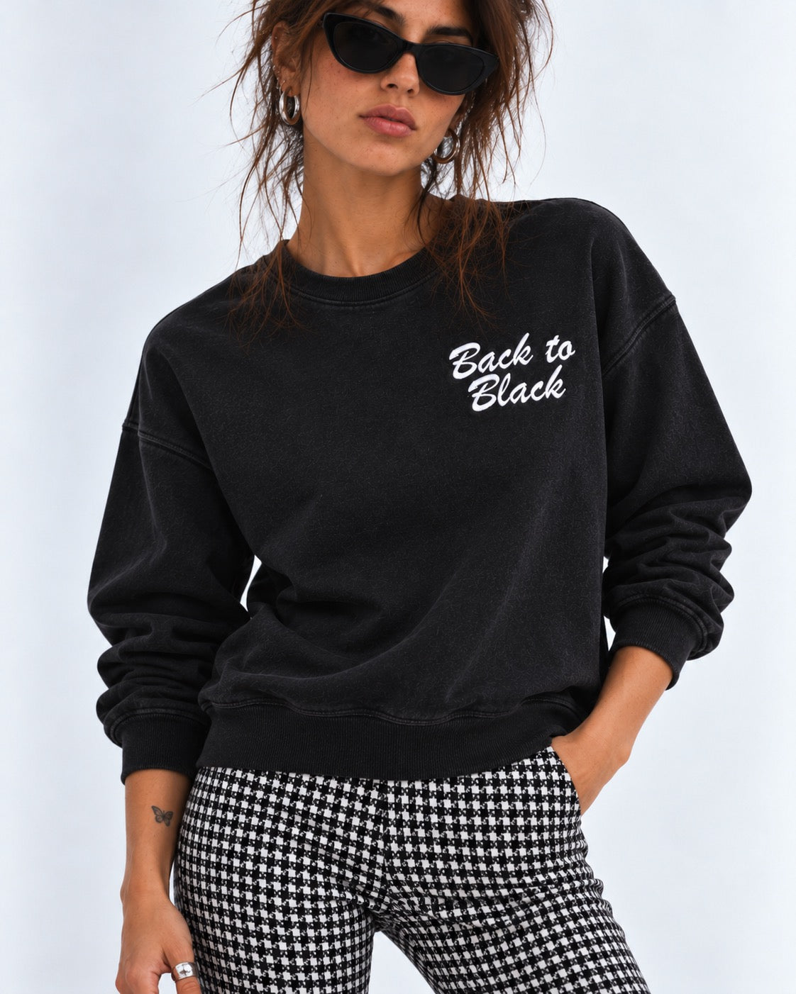 Women's 'BACK TO BLACK' left chest embroidered premium organic women's drop shoulder 'Alma' sweatshirt