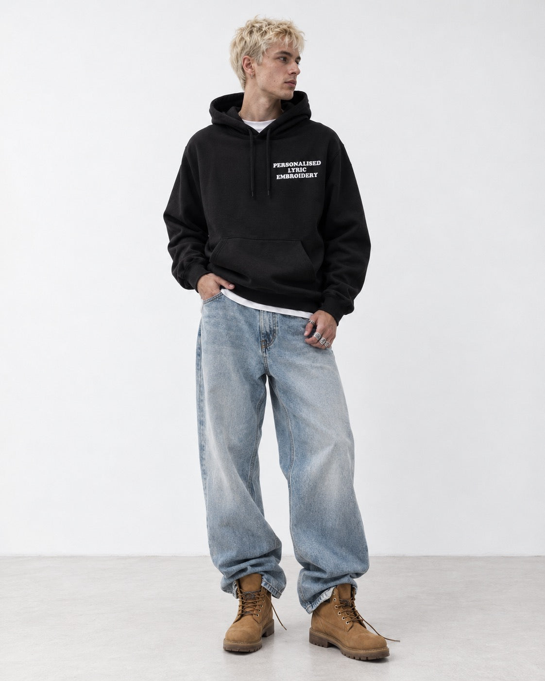 Men's Personalised Lyric Centre Chest Embroidered premium organic iconic 'Drummer' hoodie