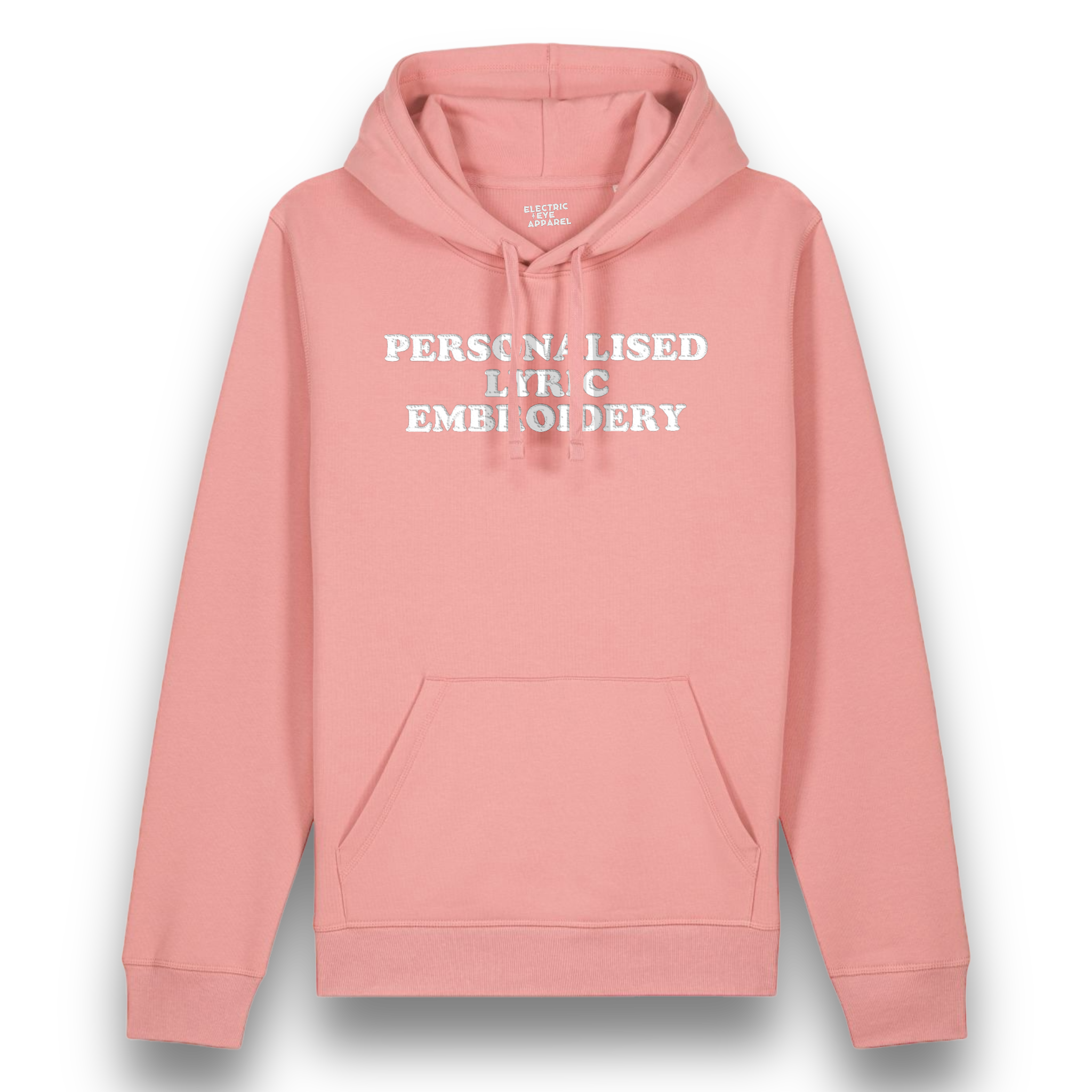 Personalised Lyric Centre Chest Embroidered premium organic unisex iconic 'Drummer' hoodie - choose your own lyrics, font and thread colour