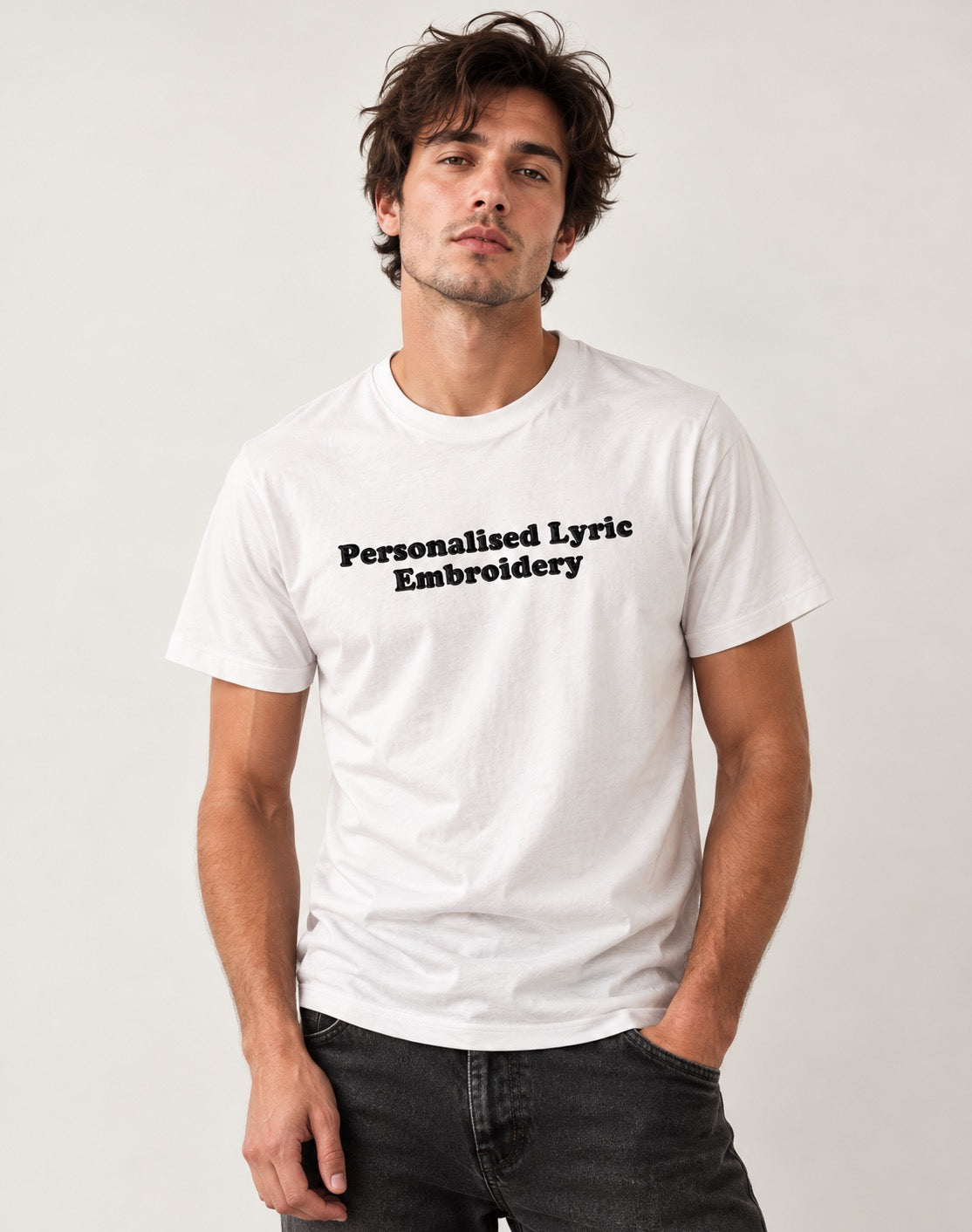 Personalised Lyric Centre Chest Embroidered premium organic iconic men's 'Rocker' t-shirt - choose your own lyrics, font and thread colour
