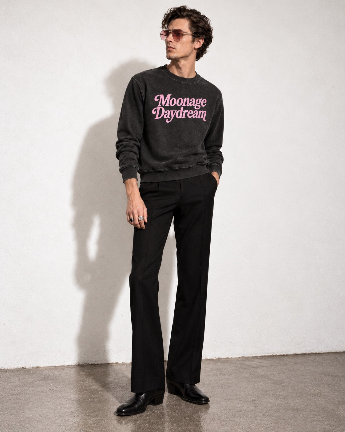 Men's 'MOONAGE DAYDREAM' embroidered organic 'Matcher' vintage aged sweatshirt
