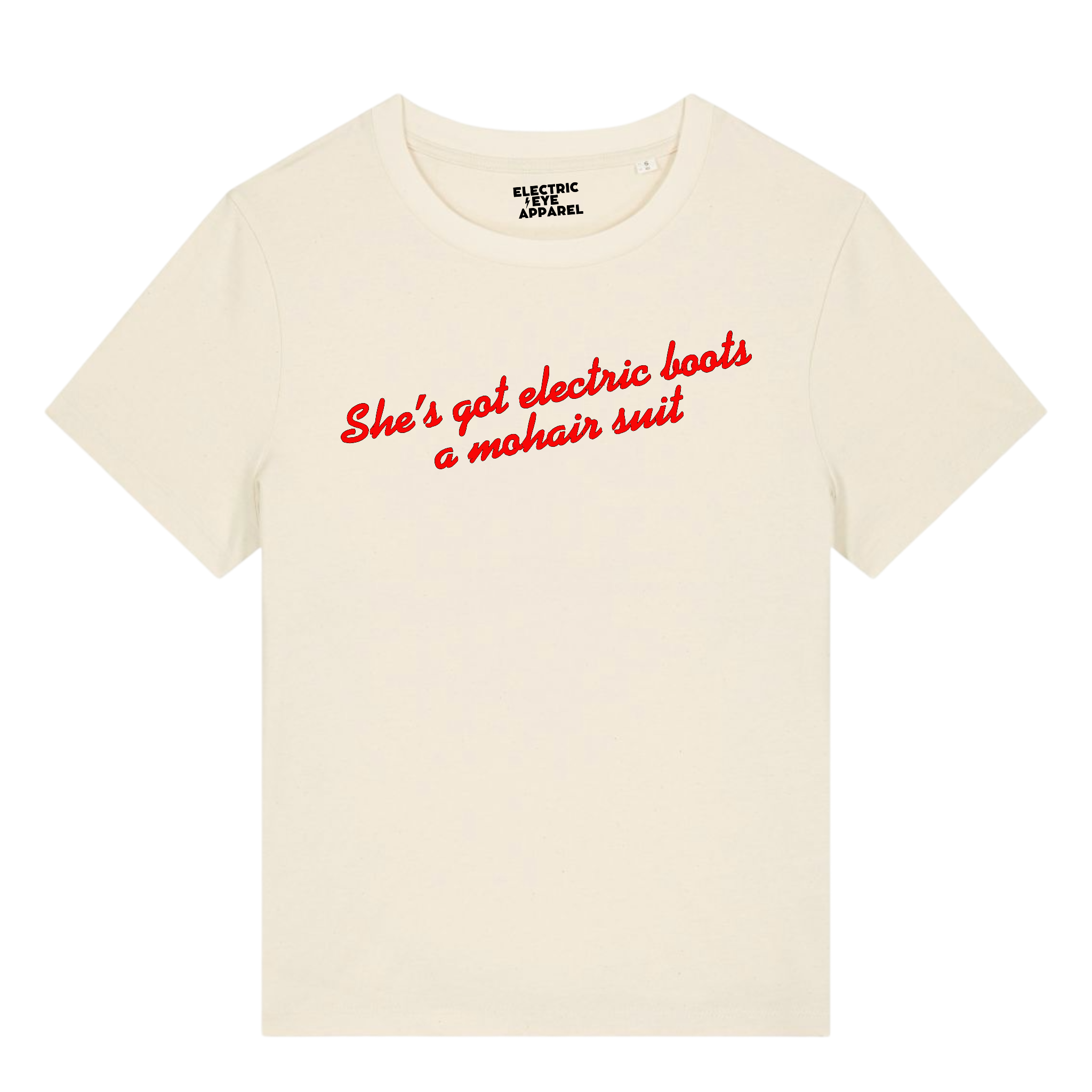 'SHE'S GOT ELECTRIC BOOTS, A MOHAIR SUIT' embroidered organic women's 'muser' t-shirt - inspired by Elton John