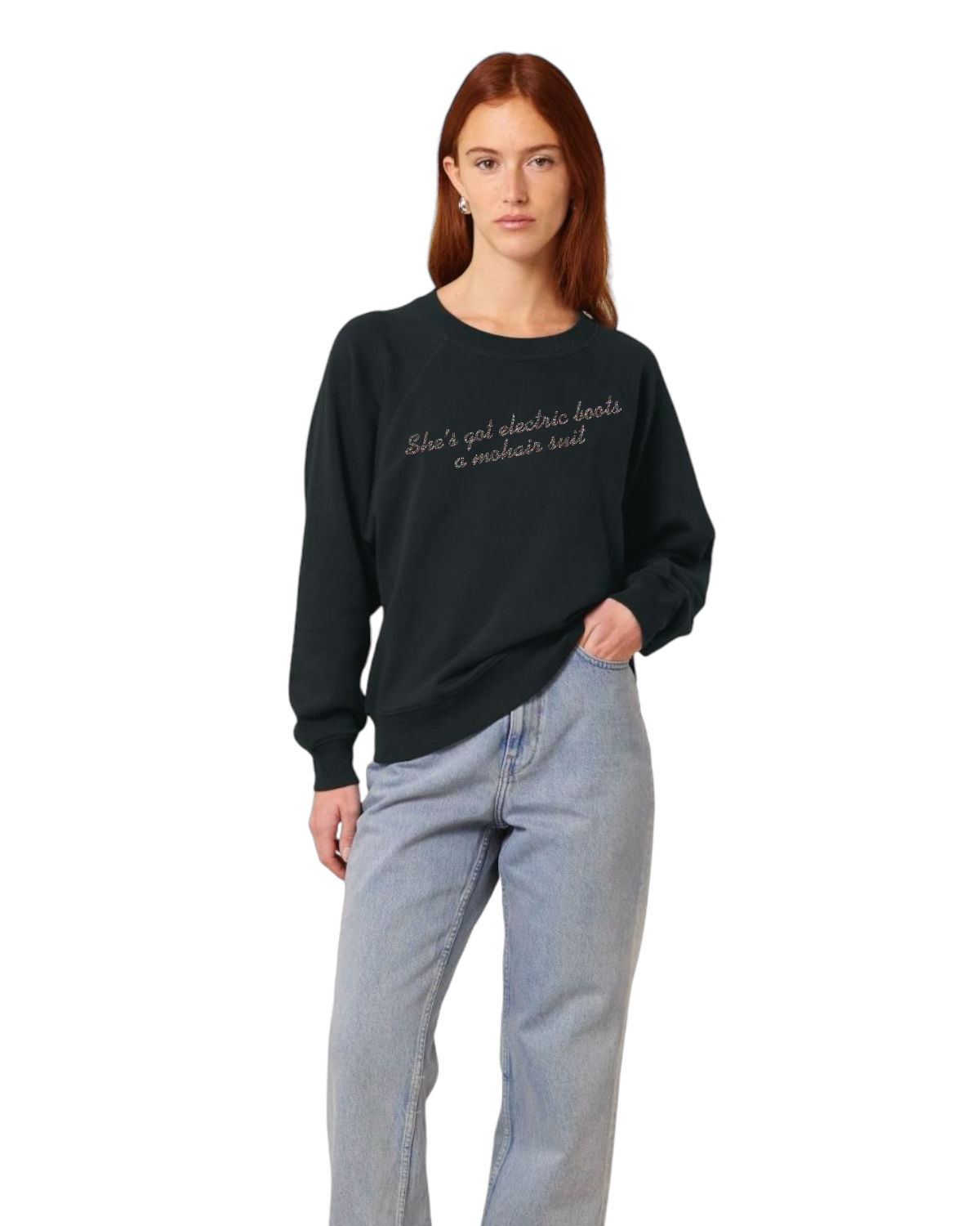 Limited Edition 'SHE'S GOT ELECTRIC BOOTS, A MOHAIR SUIT' glitter embroidered organic women's raglan sleeve 'clara' sweatshirt - inspired by Elton John