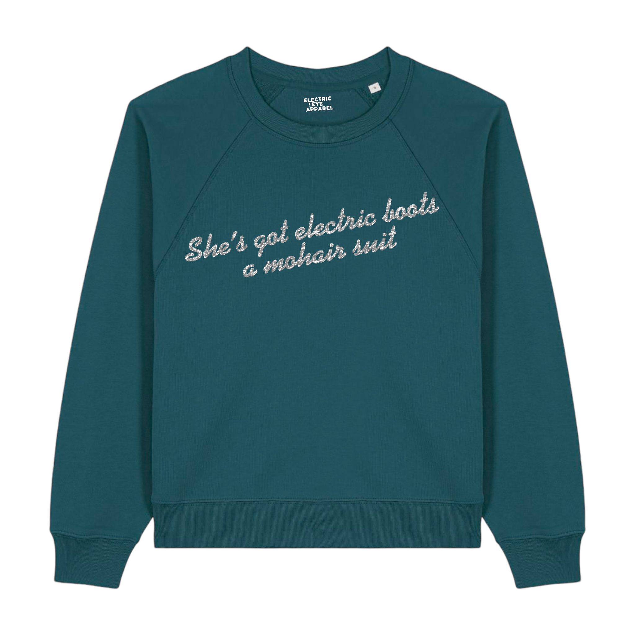 Limited Edition 'SHE'S GOT ELECTRIC BOOTS, A MOHAIR SUIT' glitter embroidered organic women's raglan sleeve 'clara' sweatshirt - inspired by Elton John