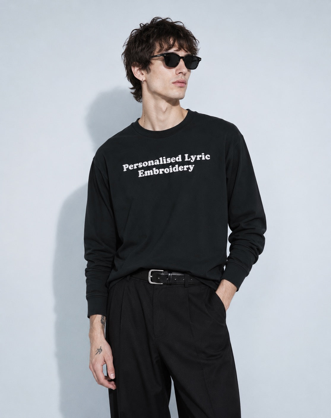 Men's Personalised Lyric Centre Chest Embroidered premium organic iconic Long Sleeve 'Creator 2.0' t-shirt - choose your own lyrics, font and thread colour