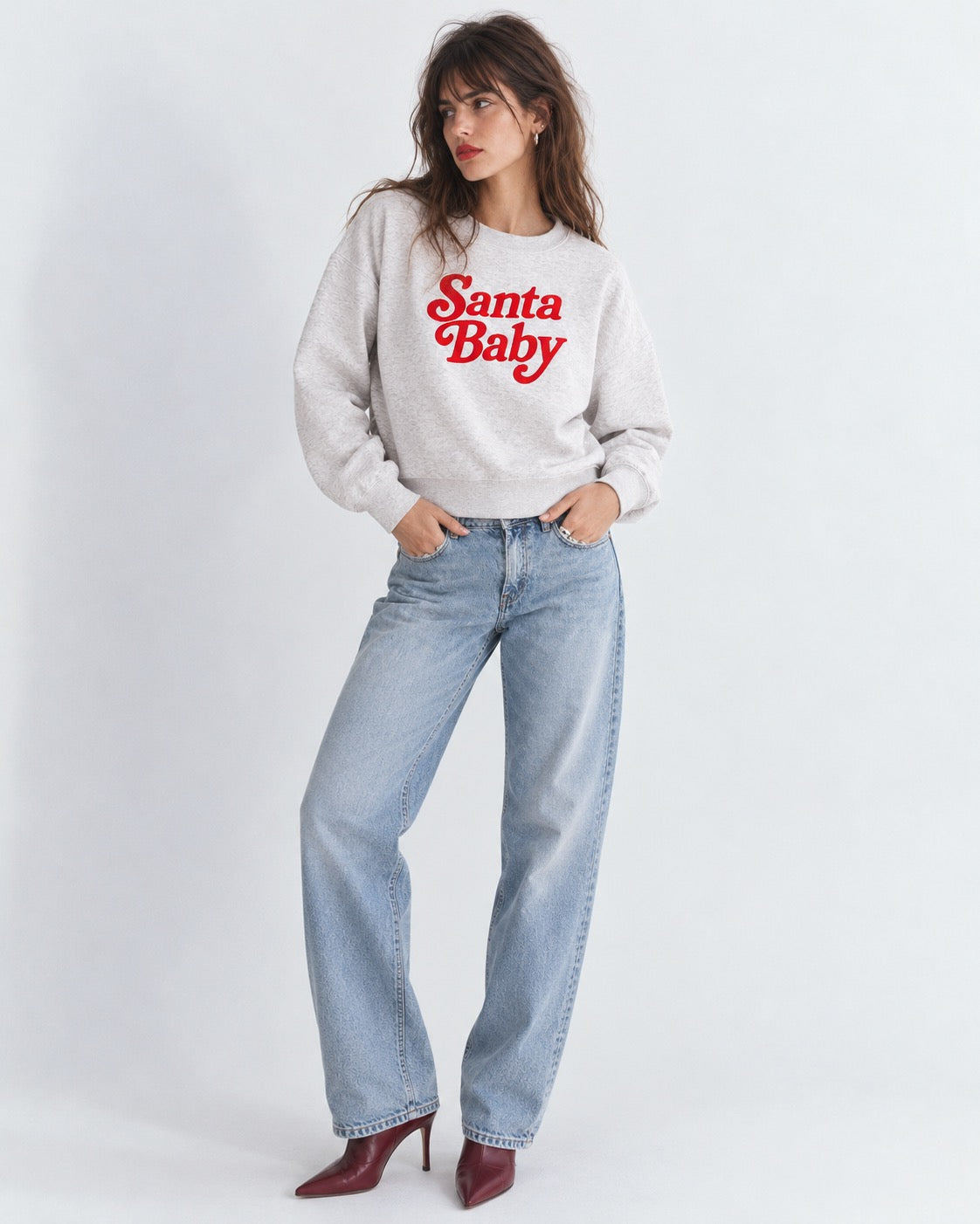 'SANTA BABY' 70s style embroidered organic women's dropped shoulder 'alma' sweatshirt