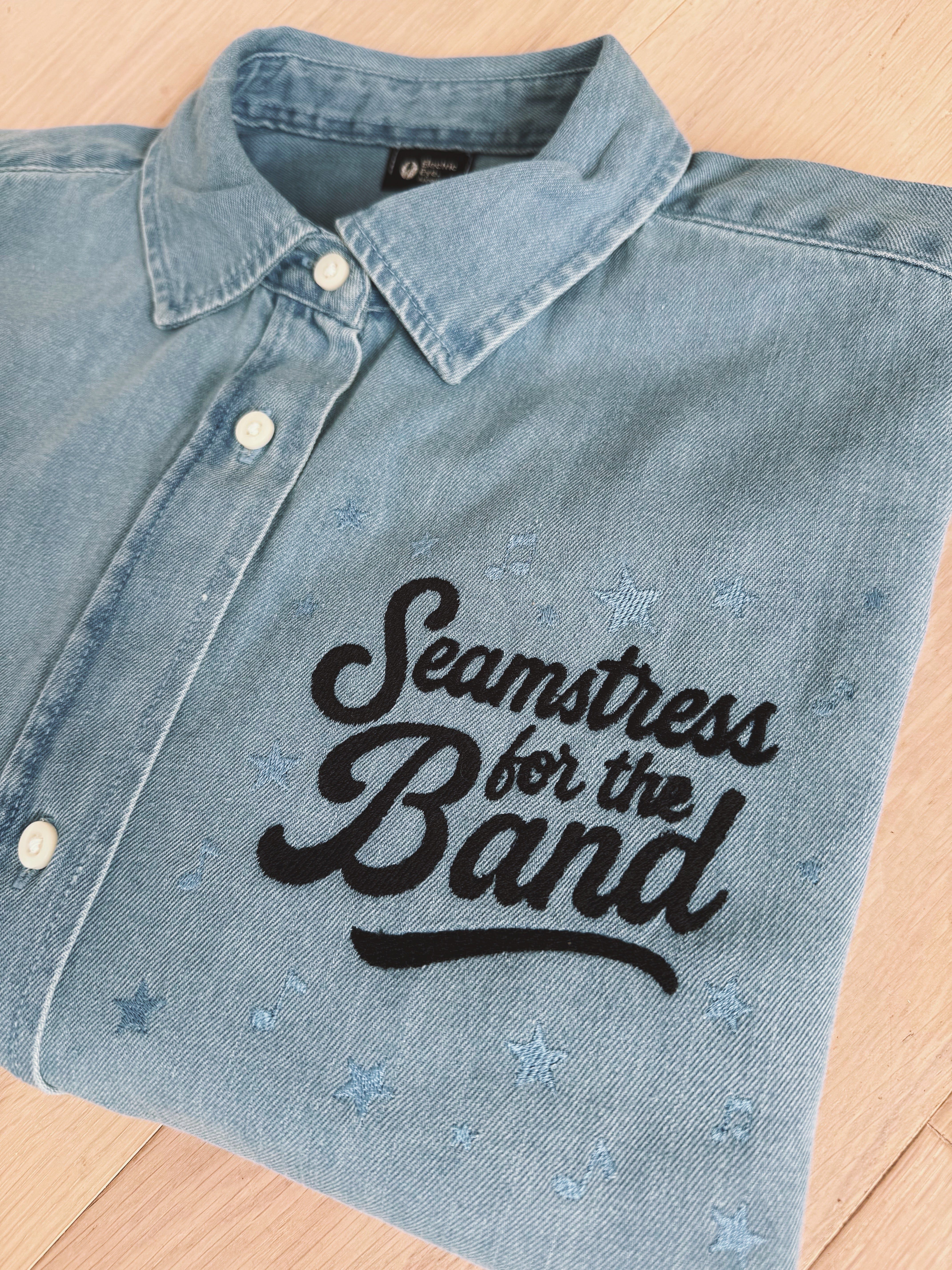 'SEAMSTRESS FOR THE BAND' star & music note embroidered women's organic denim shirt - inspired by Elton John