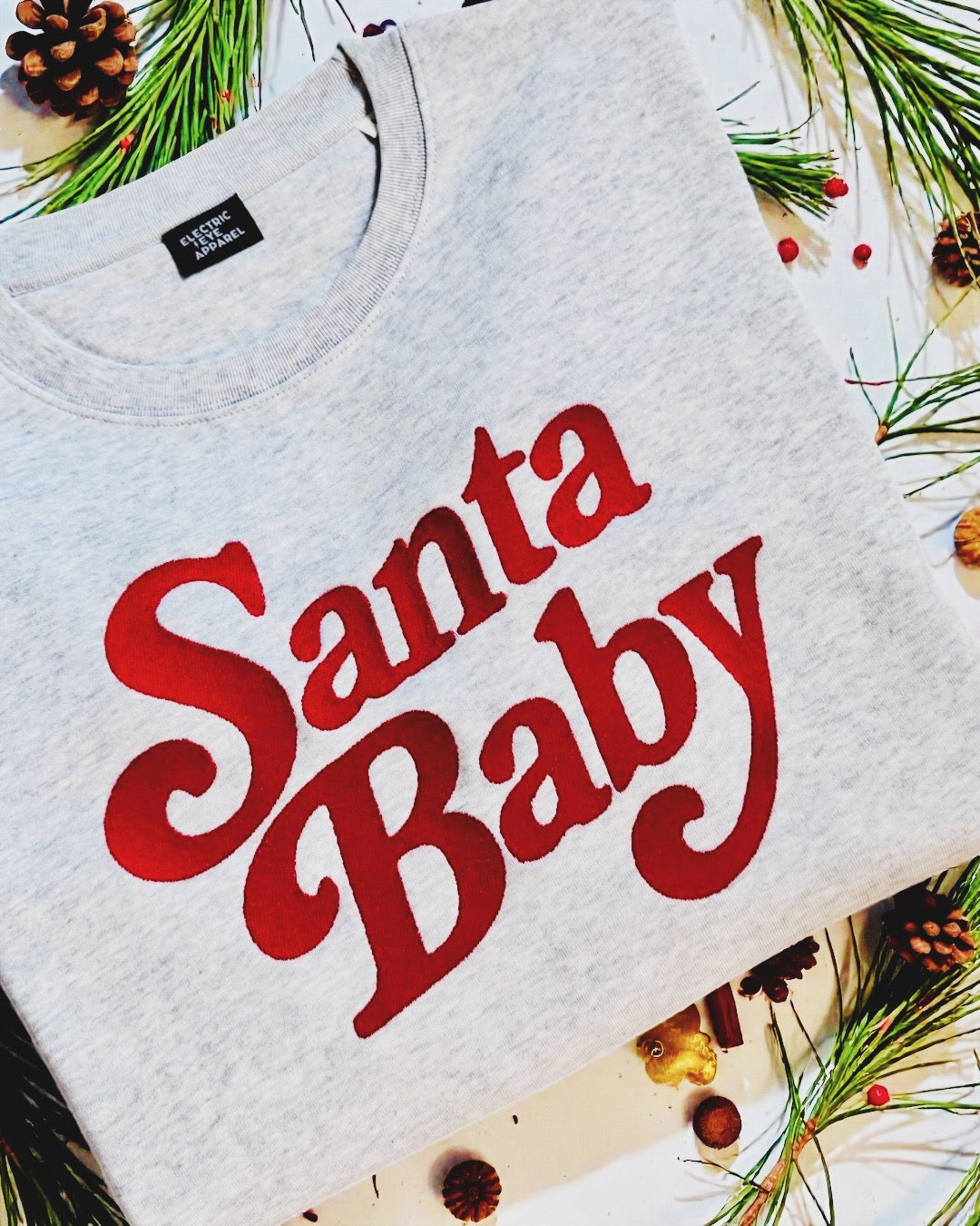 'SANTA BABY' 70s style embroidered organic women's dropped shoulder 'alma' sweatshirt
