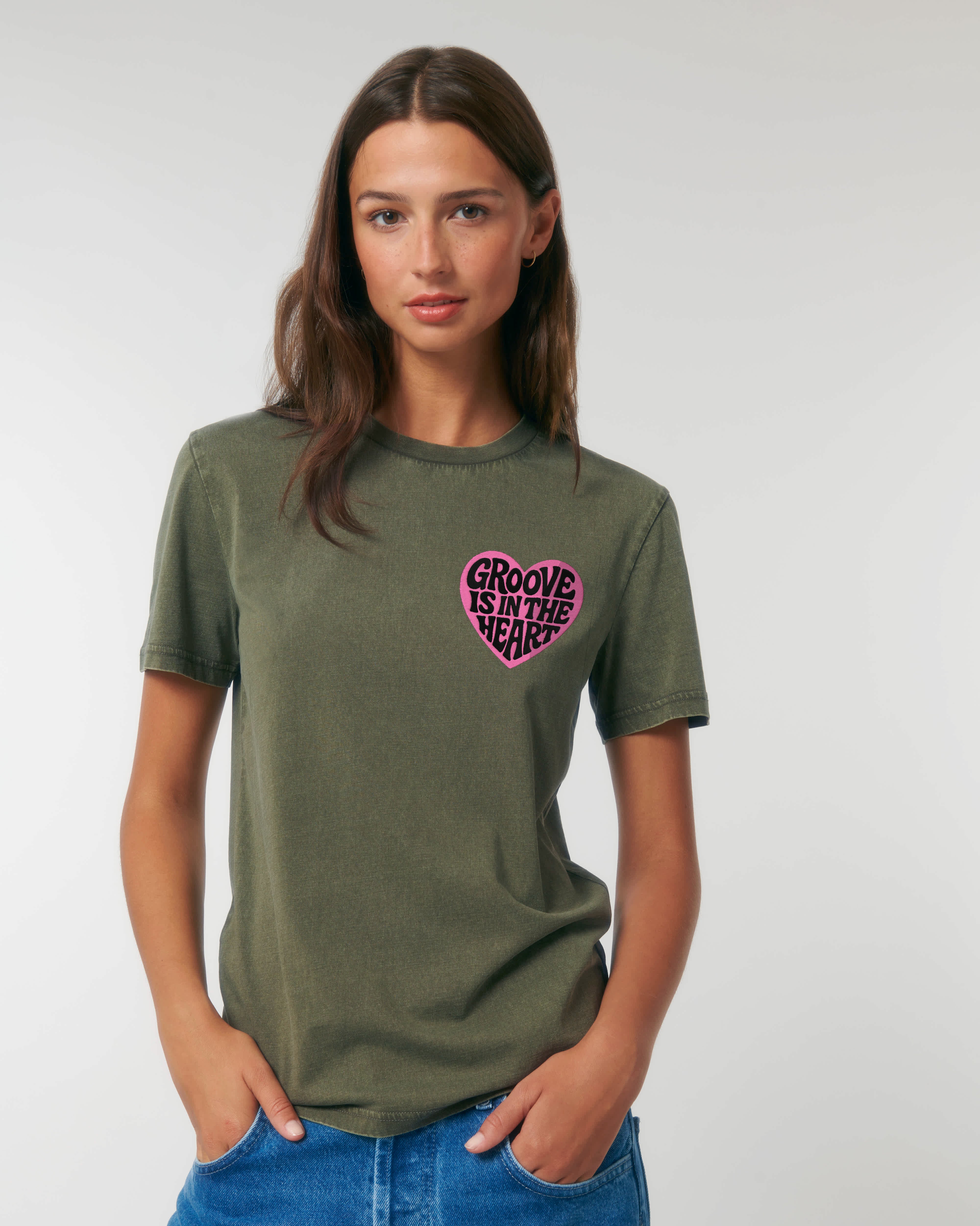 'GROOVE IS IN THE HEART' left chest embroidered premium organic unisex vintage aged t-shirt