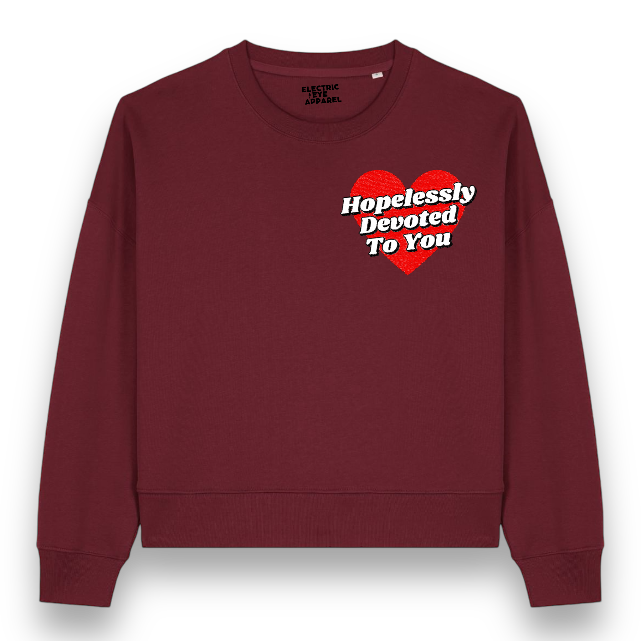 'HOPELESSLY DEVOTED TO YOU' left chest embroidered organic women's dropped shoulder 'alma' sweatshirt - inspired by Olivia Newton-John