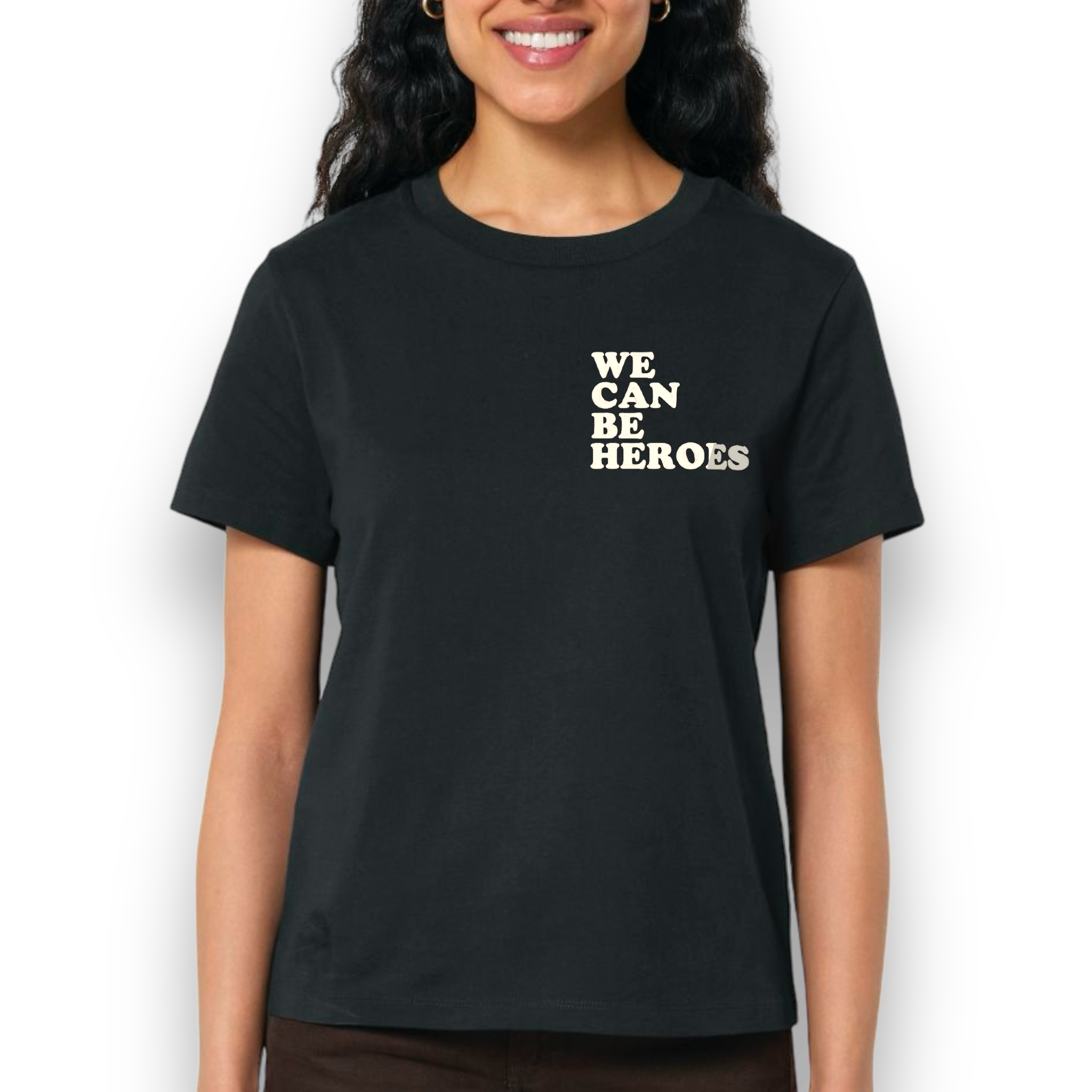 'WE CAN BE HEROES' bold left chest embroidered premium organic women's 'muser' t-shirt - inspired by David Bowie