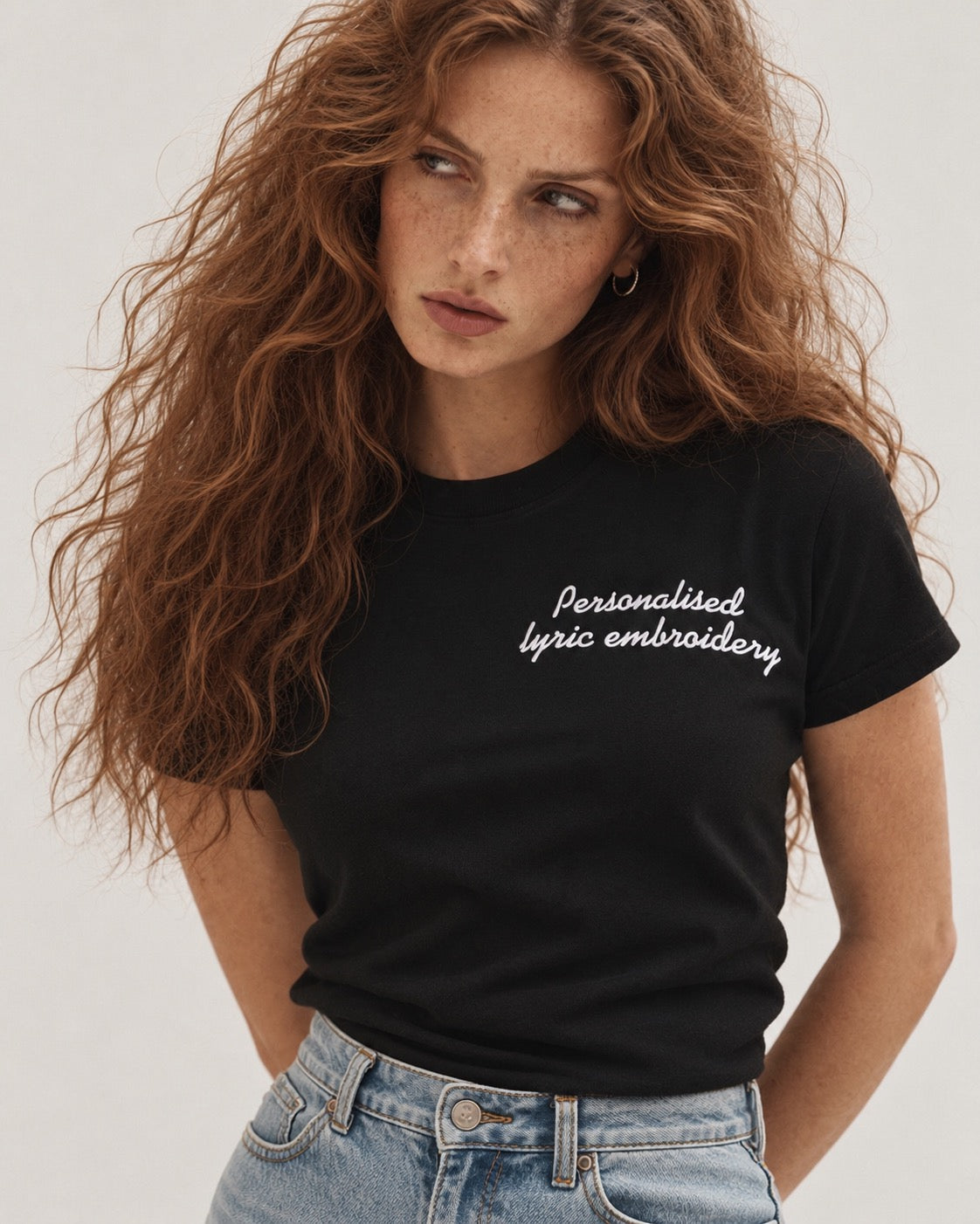 Personalised Lyric Left Chest Embroidered premium organic iconic women's 'Muser' t-shirt - choose your own lyrics, font and thread colour