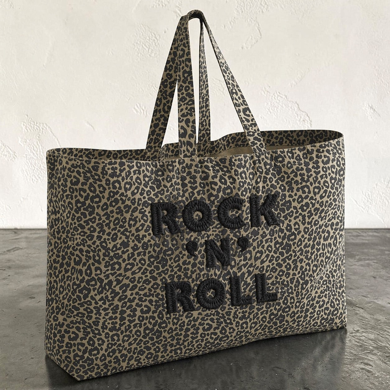 'ROCK 'N' ROLL' embroidered vintage leopard print oversized tote bag - option to monogram