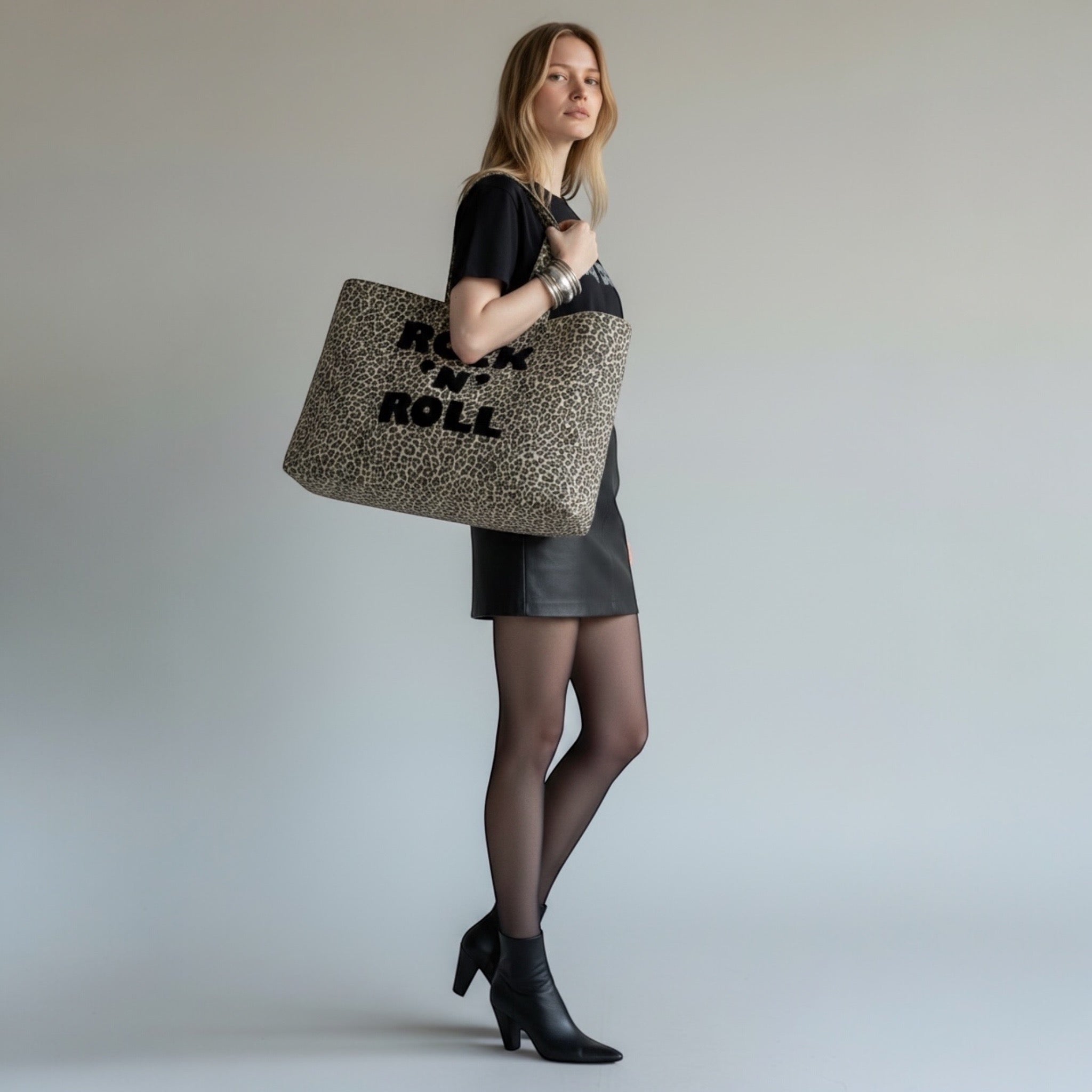 'ROCK 'N' ROLL' embroidered vintage leopard print oversized tote bag - option to monogram