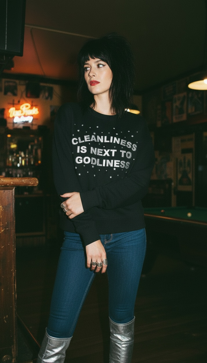 'CLEANLINESS IS NEXT TO GODLINESS' embroidered organic women's dropped shoulder 'Alma' sweatshirt