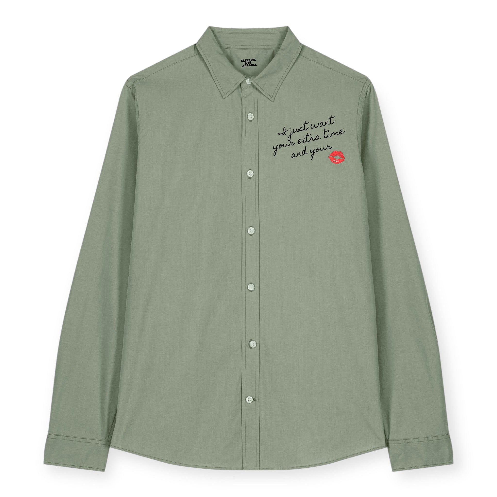 'I JUST WANT YOUR EXTRA TIME AND YOUR KISS' LIPS embroidered women's relaxed fit organic cotton 'Styler' shirt