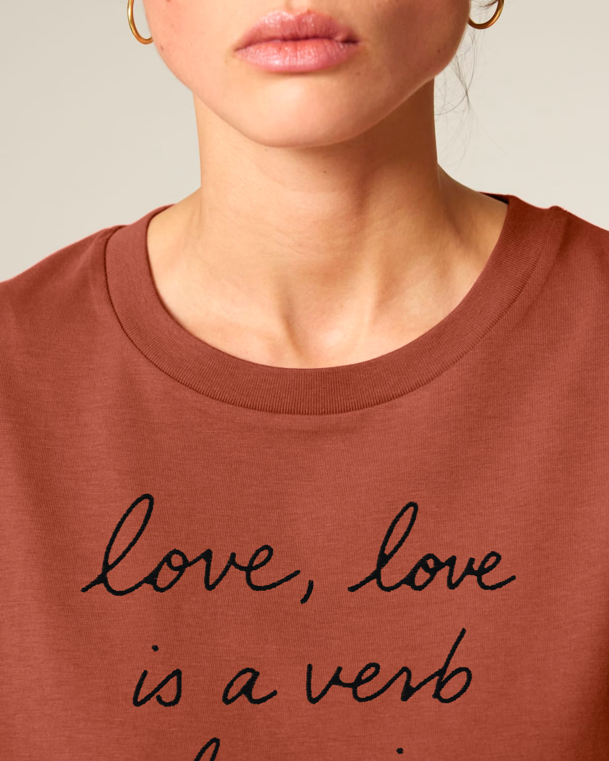 'LOVE, LOVE IS A VERB, LOVE IS A DOING WORD' embroidered premium organic iconic women's 'Muser' t-shirt