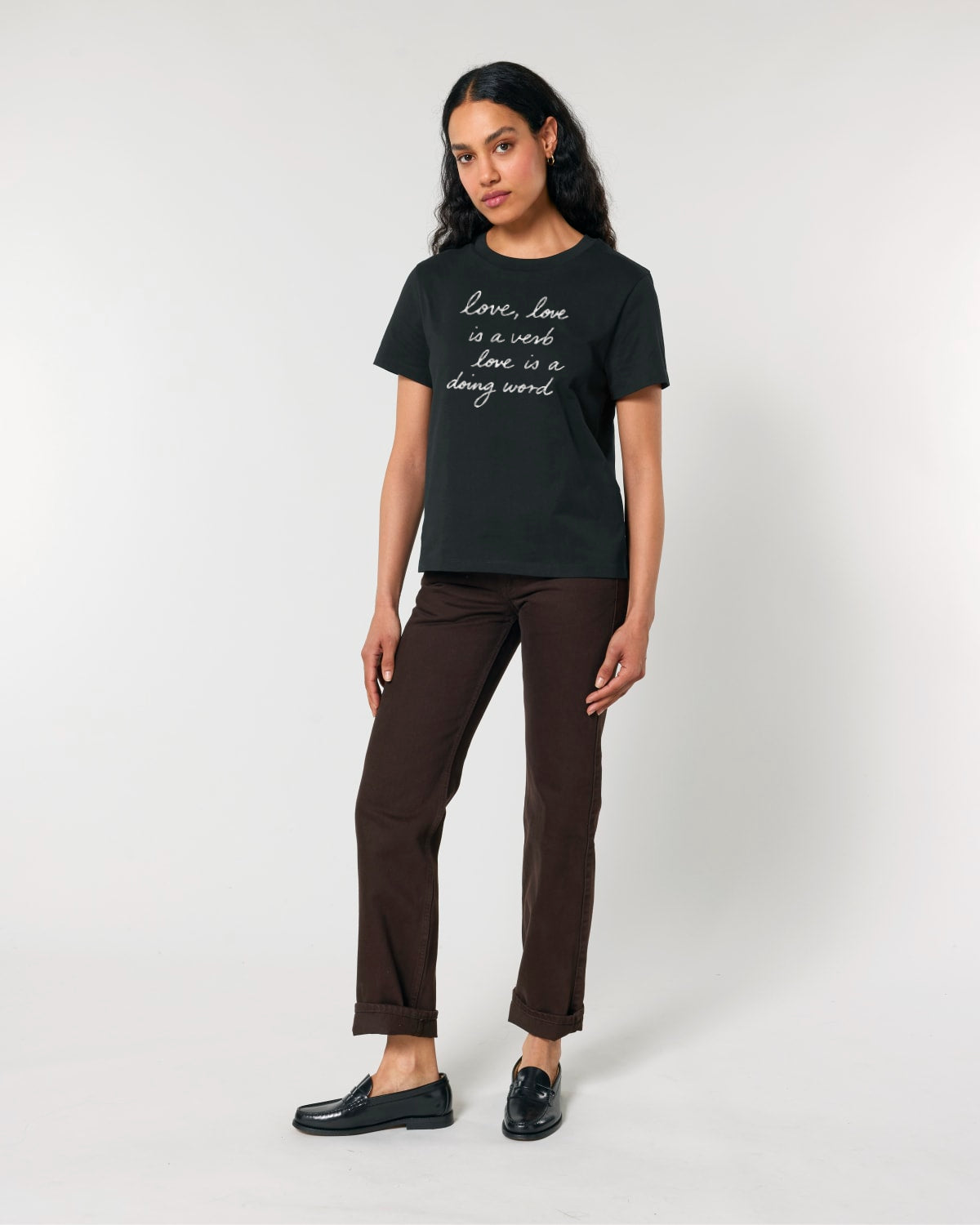 'LOVE, LOVE IS A VERB, LOVE IS A DOING WORD' embroidered premium organic iconic women's 'Muser' t-shirt