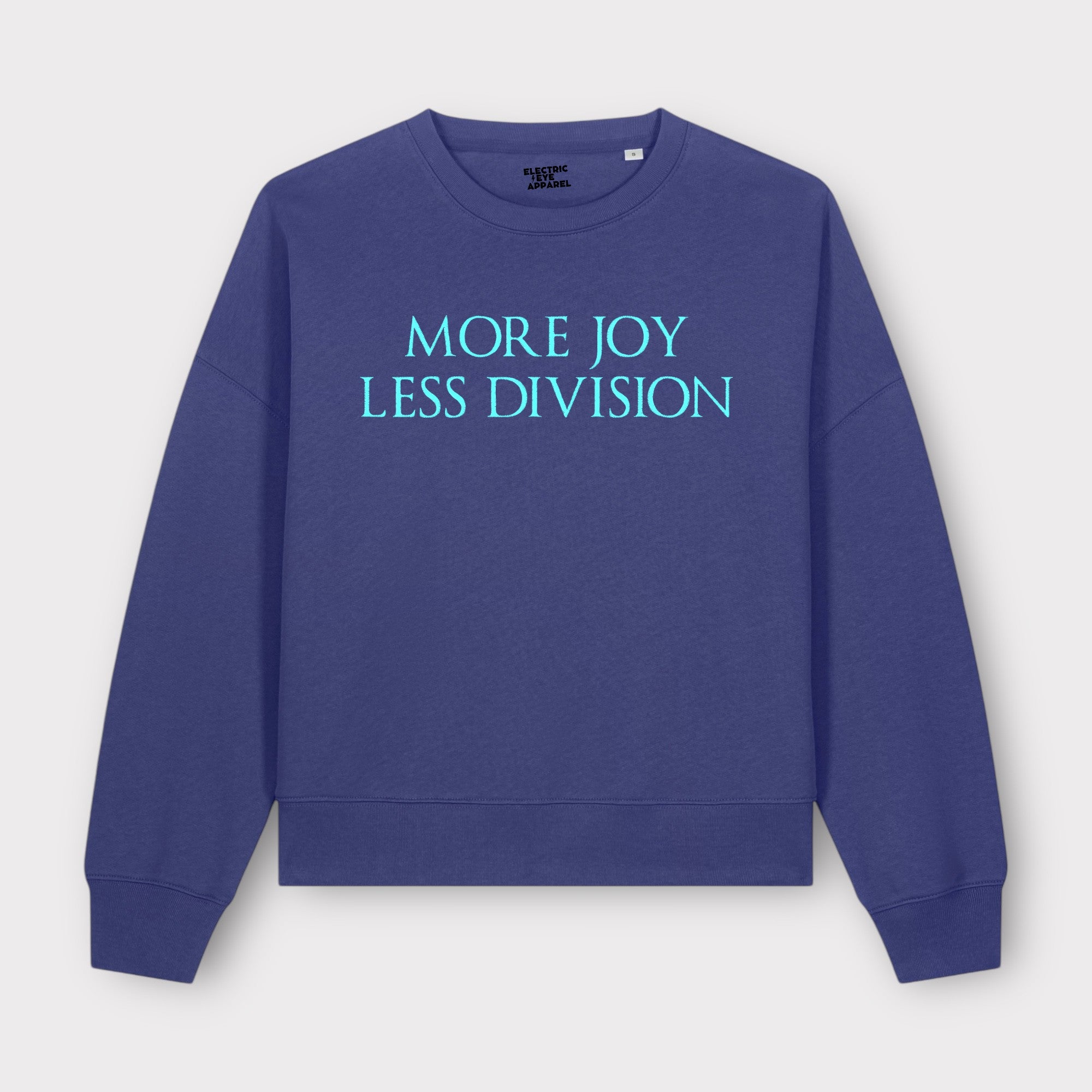 'MORE JOY LESS DIVISION' embroidered organic women's 90s dropped shoulder 'alma' sweatshirt - choose your own embroidery colour