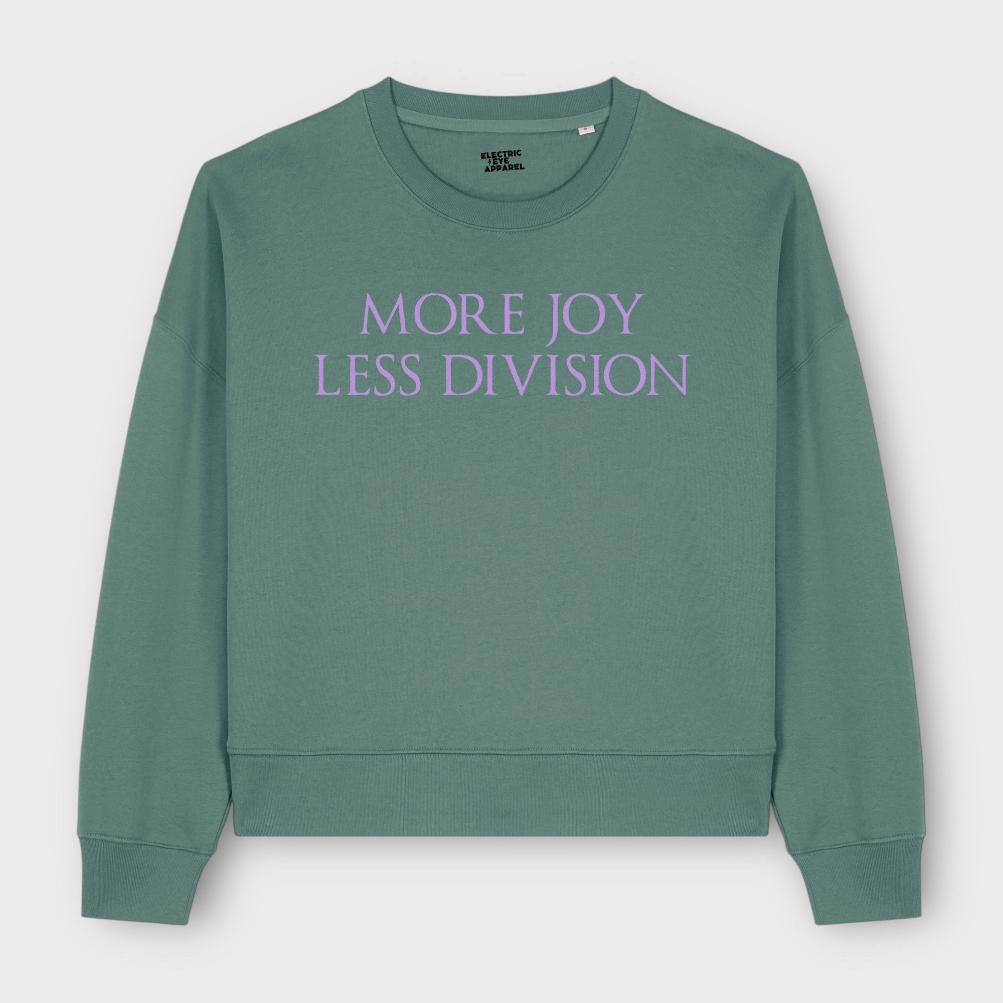 'MORE JOY LESS DIVISION' embroidered organic women's 90s dropped shoulder 'alma' sweatshirt - choose your own embroidery colour
