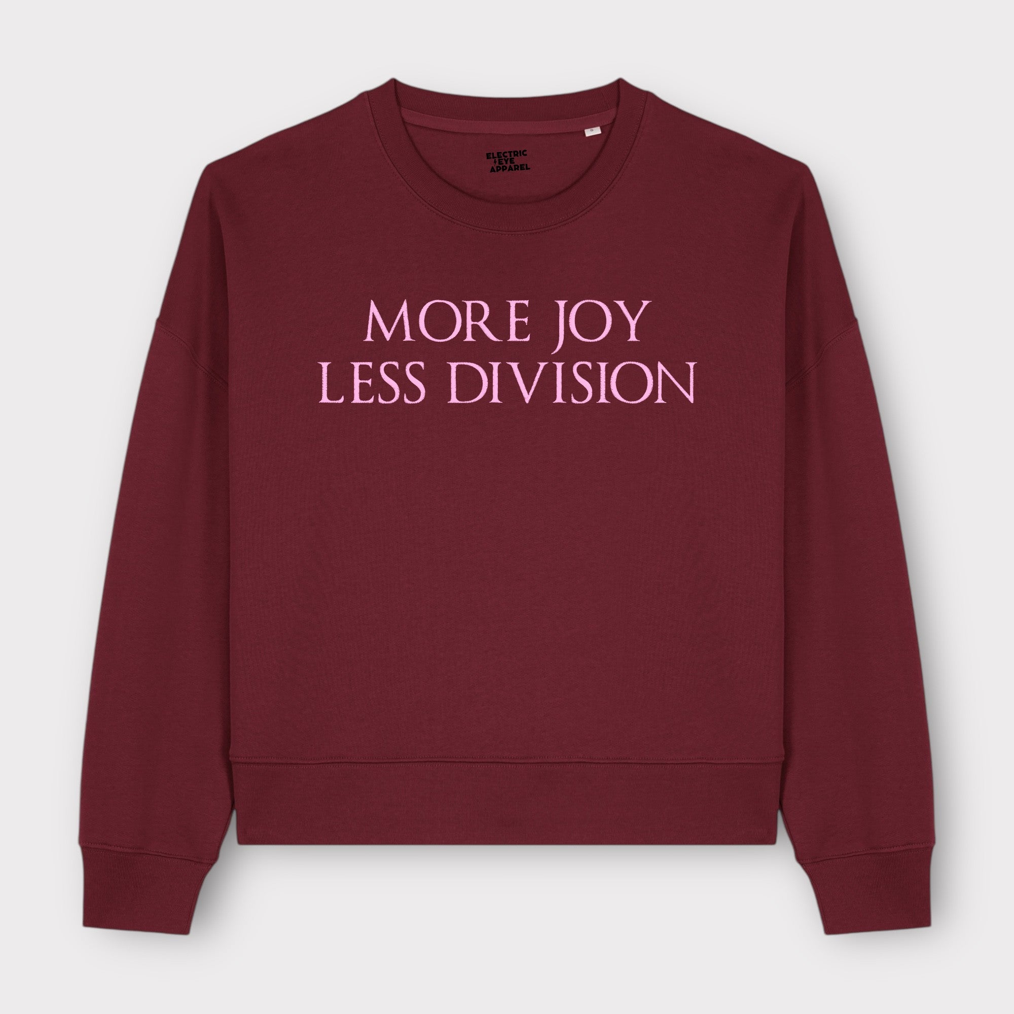 'MORE JOY LESS DIVISION' embroidered organic women's 90s dropped shoulder 'alma' sweatshirt - choose your own embroidery colour