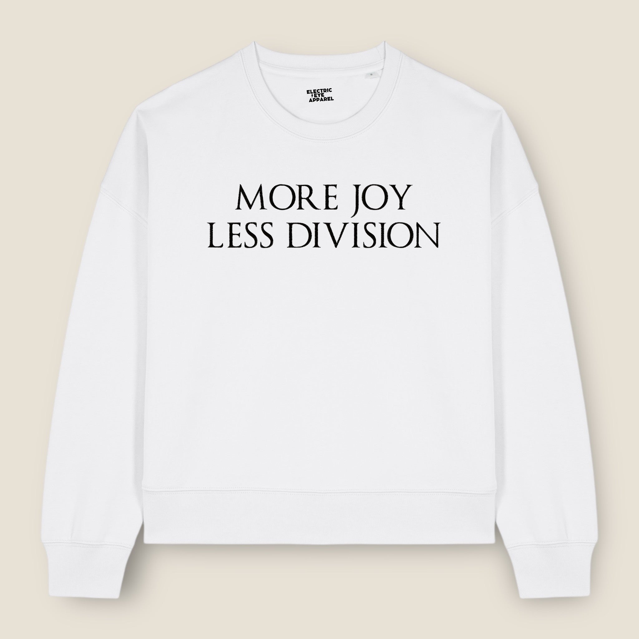 'MORE JOY LESS DIVISION' embroidered organic women's 90s dropped shoulder 'alma' sweatshirt - choose your own embroidery colour