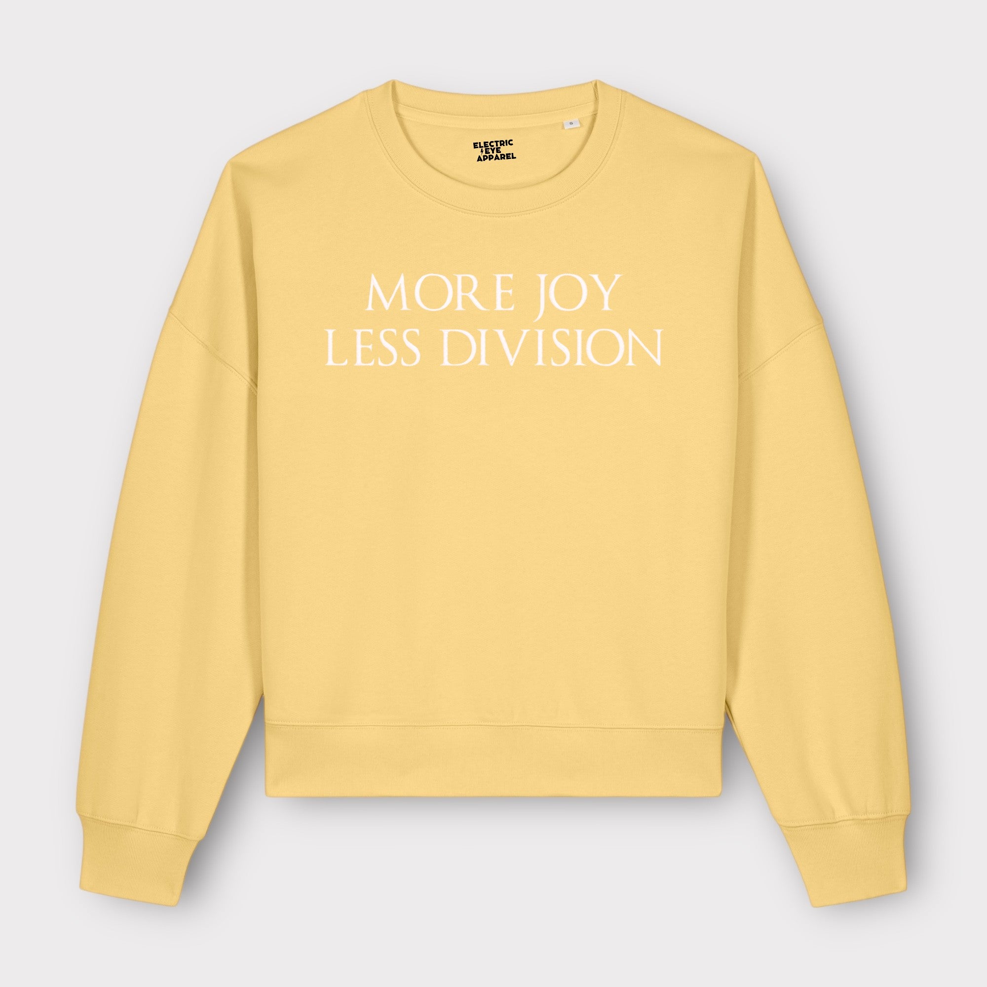 'MORE JOY LESS DIVISION' embroidered organic women's 90s dropped shoulder 'alma' sweatshirt - choose your own embroidery colour