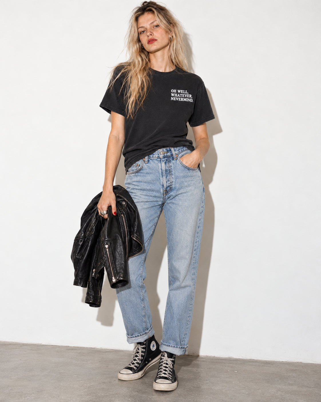 Women's 'OH WELL, WHATEVER, NEVERMIND.' embroidered premium organic vintage aged t-shirt - inspired by Nirvana
