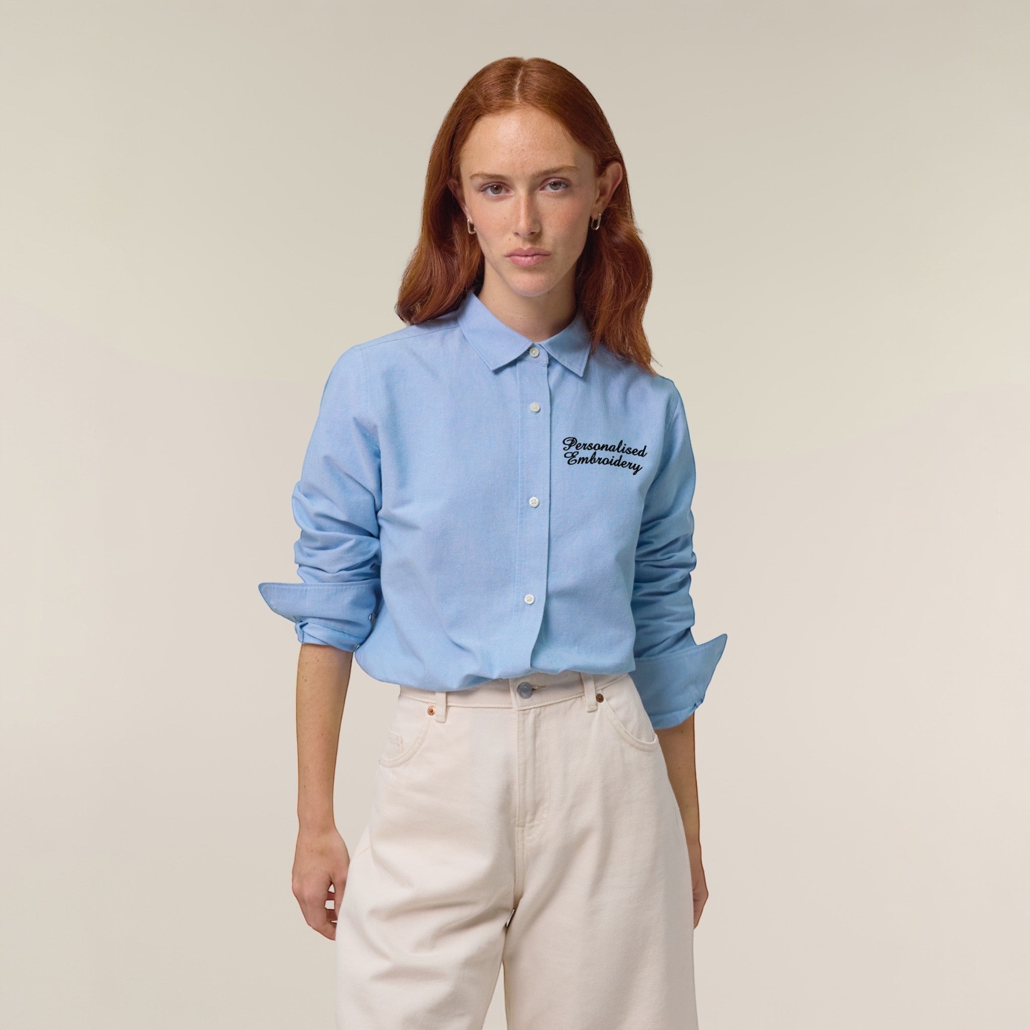 Personalised left chest embroidered women's classic fit organic cotton 'Oxford' shirt - choose your own font & thread colour