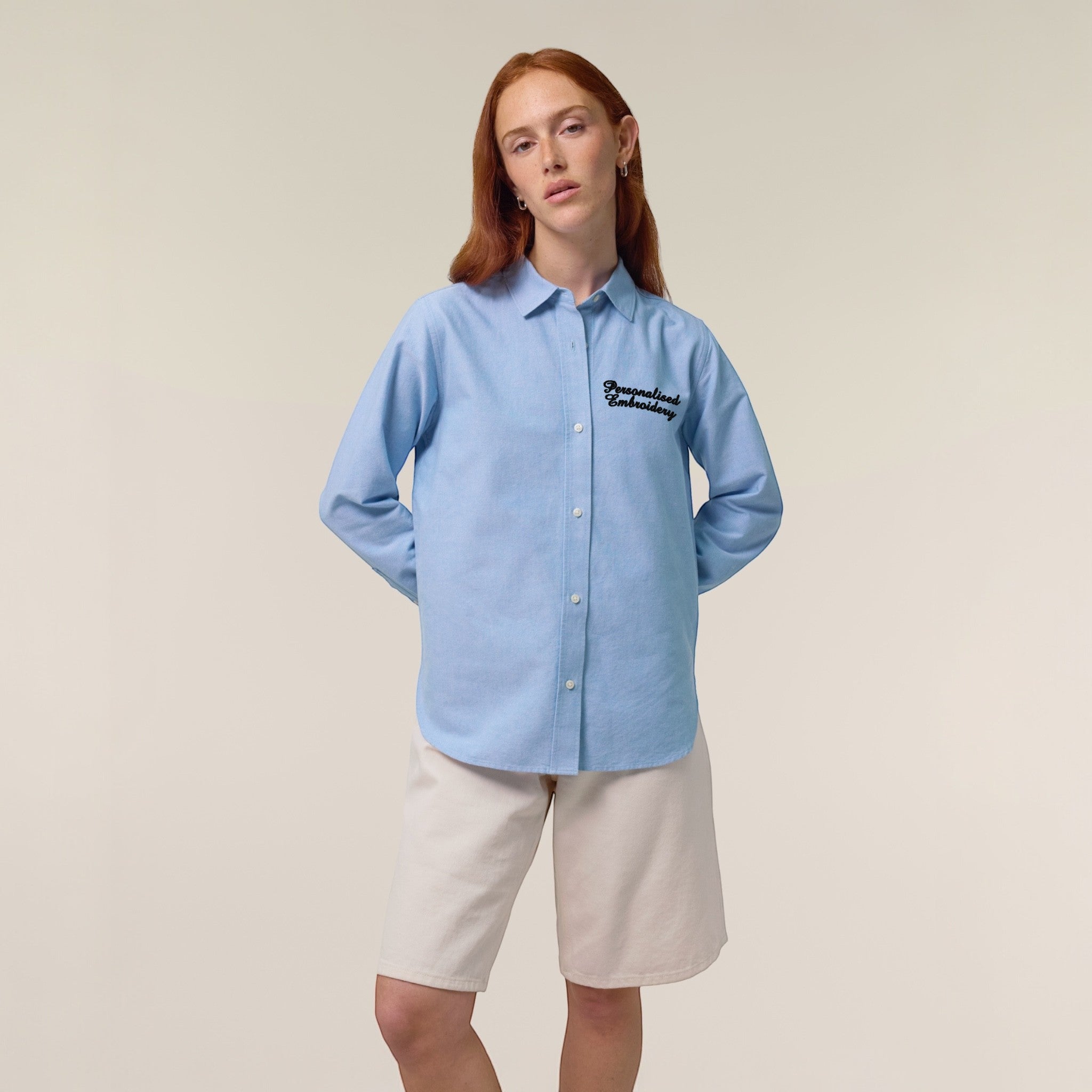 Personalised left chest embroidered women's classic fit organic cotton 'Oxford' shirt - choose your own font & thread colour